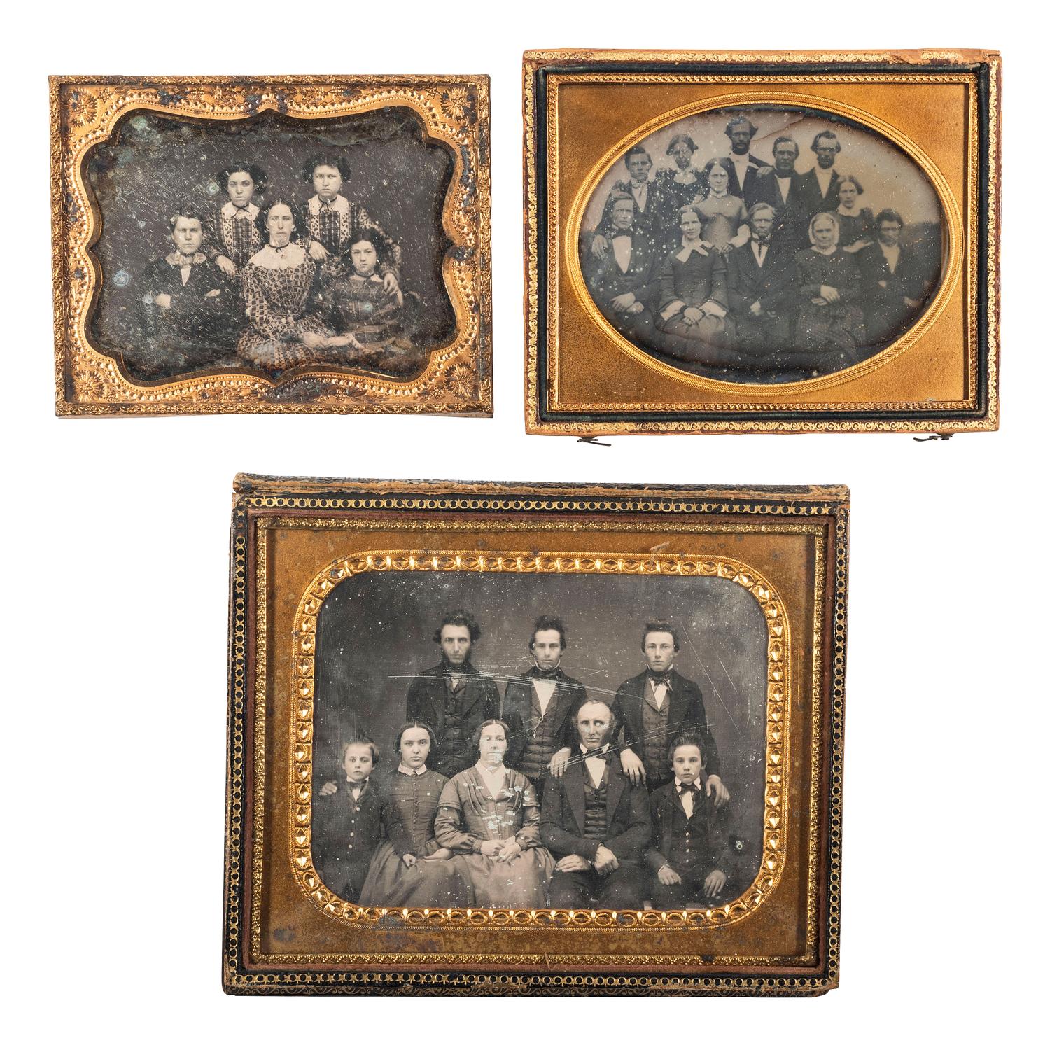 [EARLY PHOTOGRAPHY]. 3 daguerreotypes of large groups, incl. portrait with 4 female schoolmates