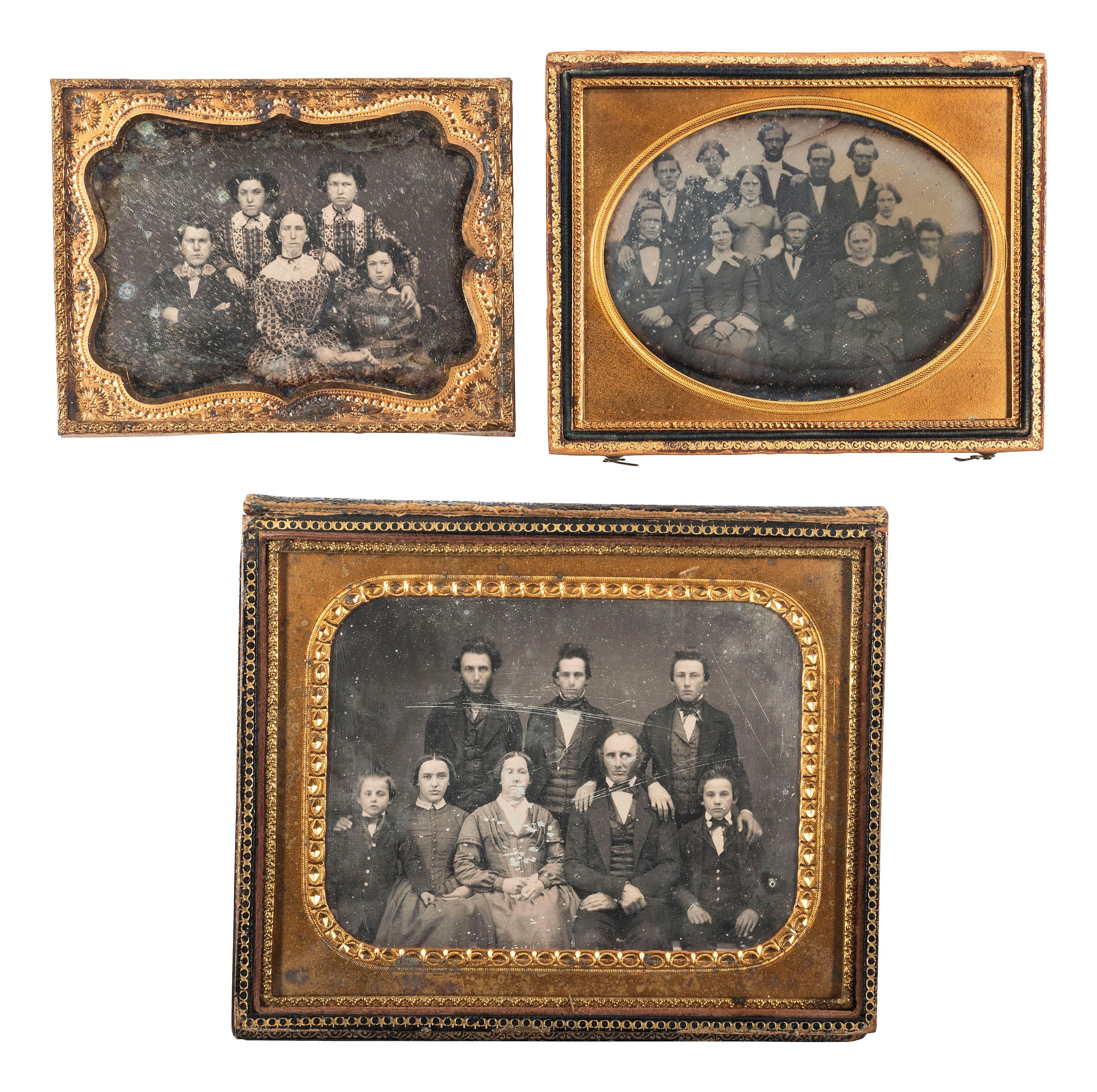 [EARLY PHOTOGRAPHY]. 3 daguerreotypes of large groups, incl. portrait with 4 female schoolmates