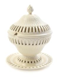 An English Creamware Reticulated Tureen and Underplate, Height 10 1/2 inches.