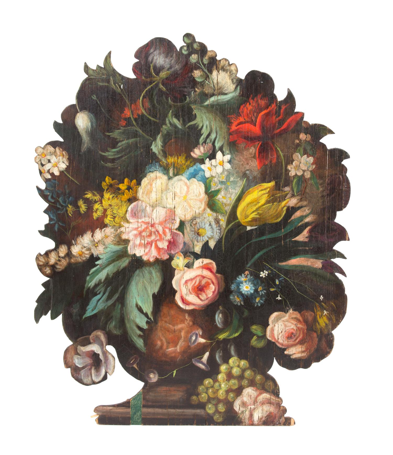 A Painted Wood Floral Filled Urn Fire Board Height 33 1/4 inches. — 20TH CENTURY