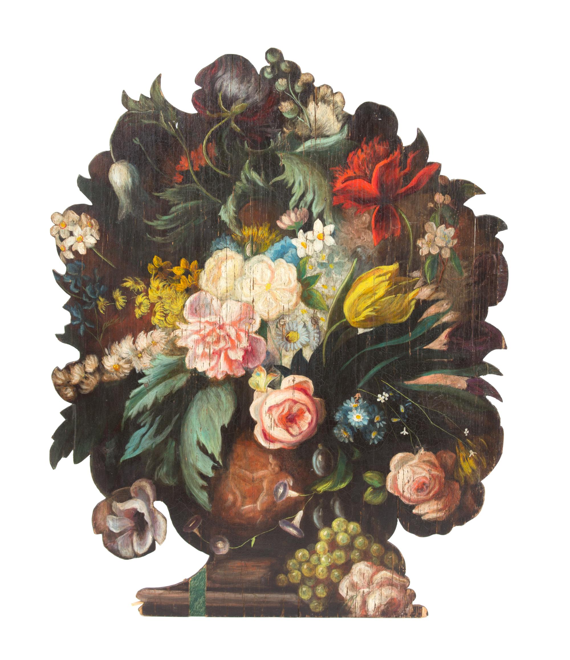 A Painted Wood Floral Filled Urn Fire Board Height 33 1/4 inches. — 20TH CENTURY