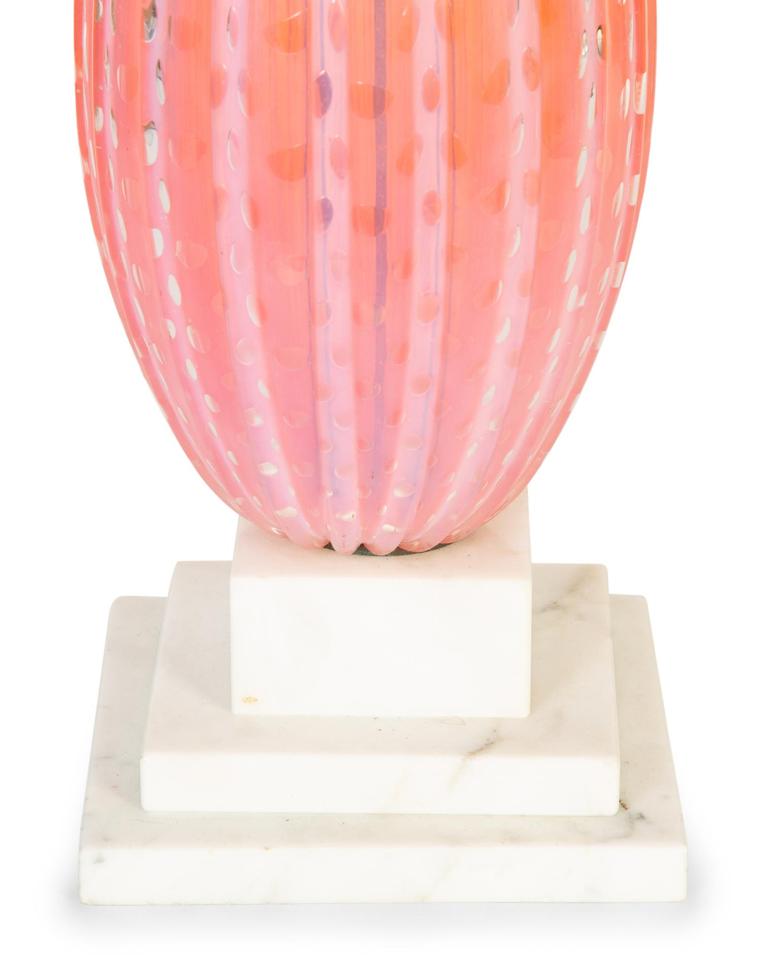 A Murano Pink Fluted Bullicante Glass and Marble Lamp