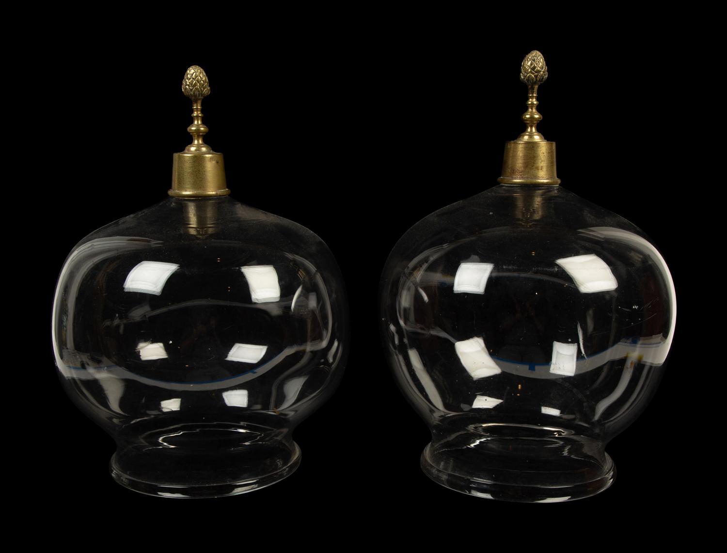 A Near Pair of English Gilt Metal Mounted Glass Cloches — 19TH CENTURY