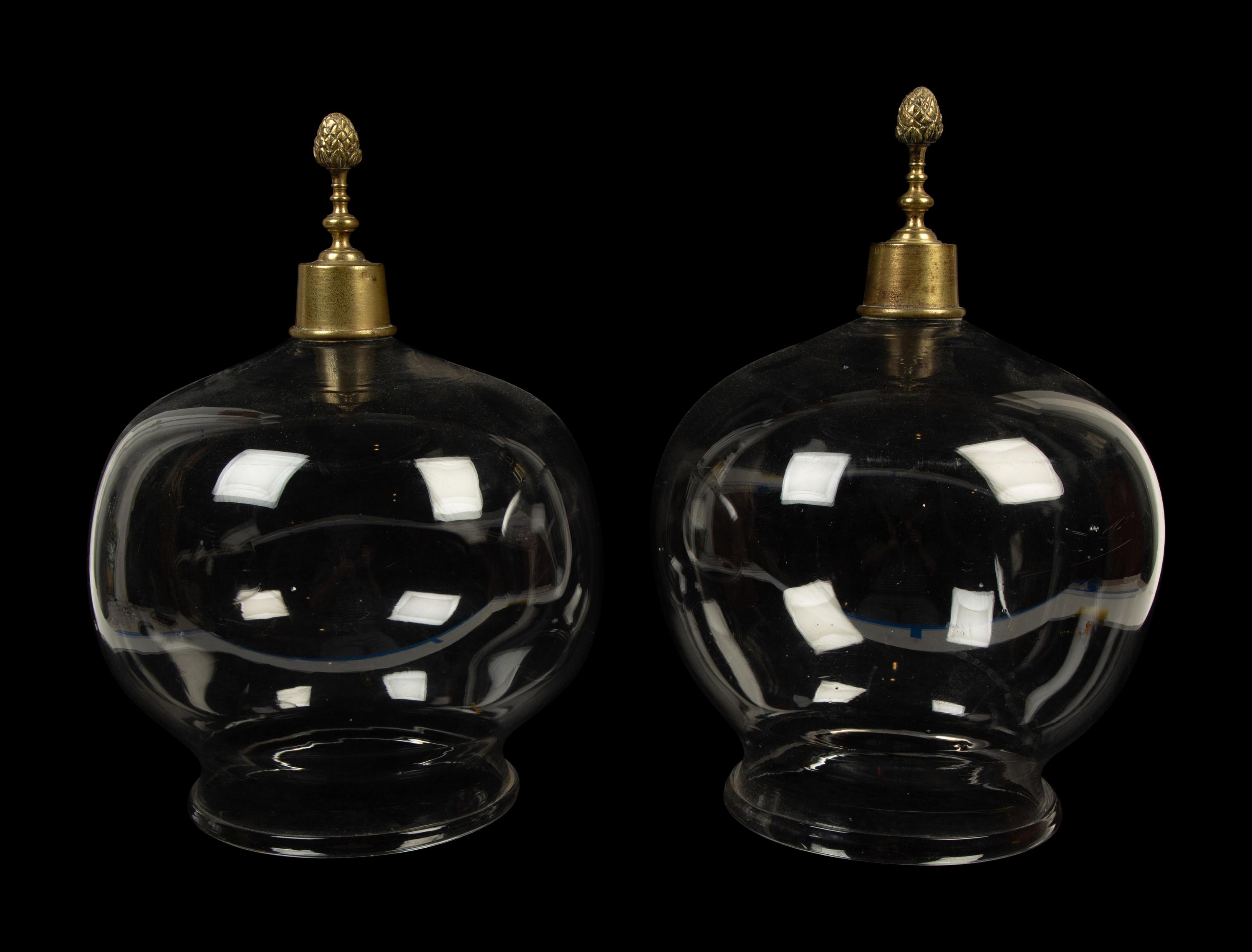 A Near Pair of English Gilt Metal Mounted Glass Cloches — 19TH CENTURY