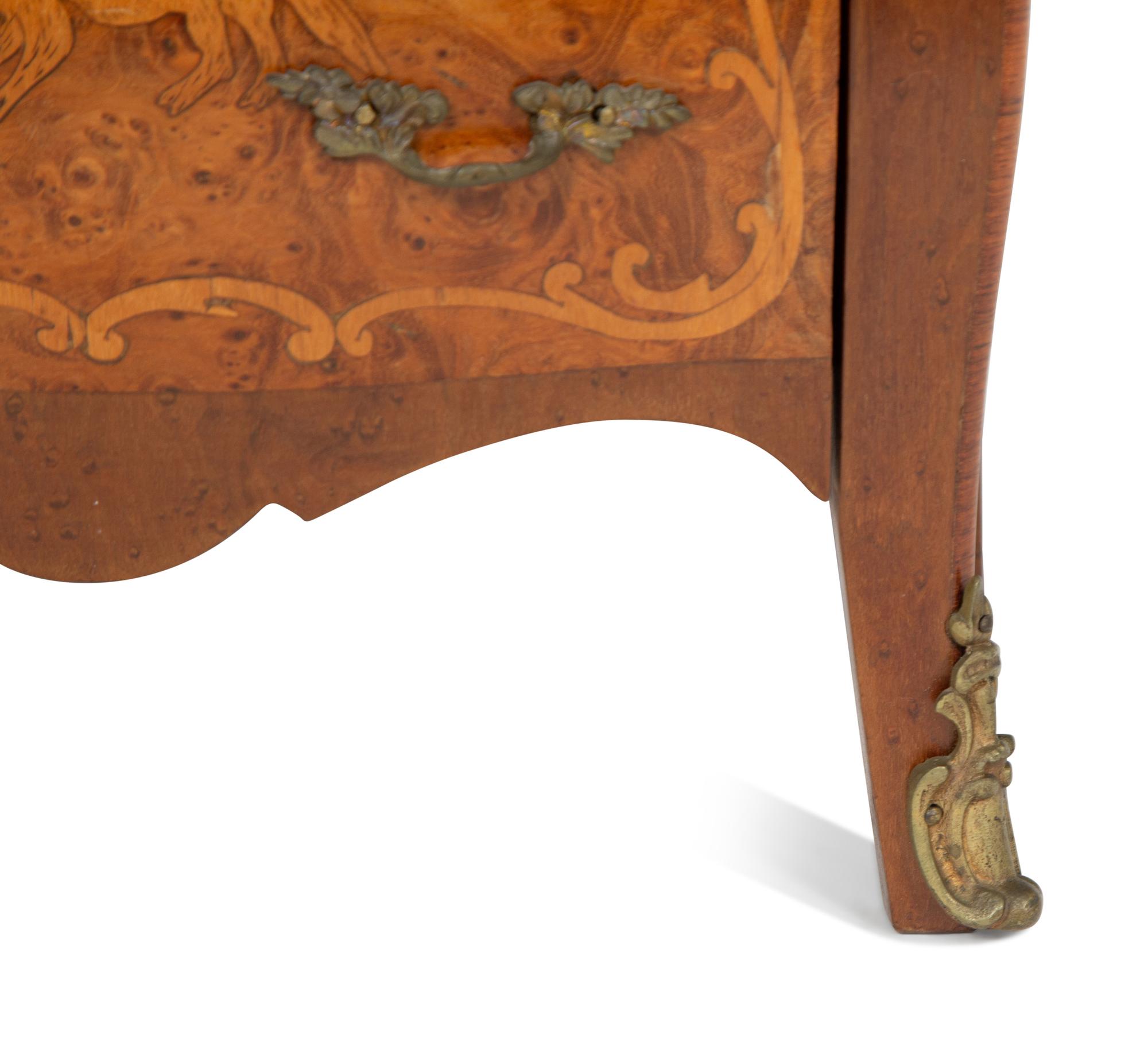 A Diminutive Louis XV Style Marquetry Marble-Top Commode