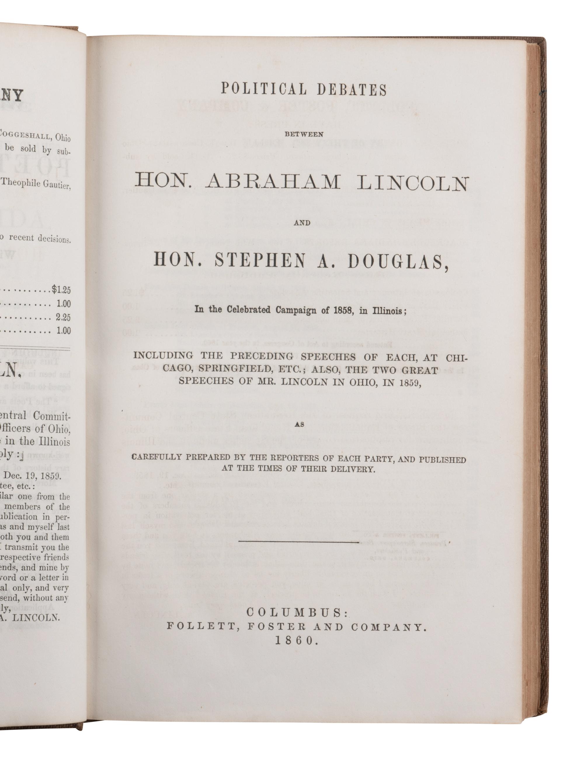 Political Debates between Hon. Abraham Lincoln and Hon. Stephen A. Douglas. Columbus: 1860.