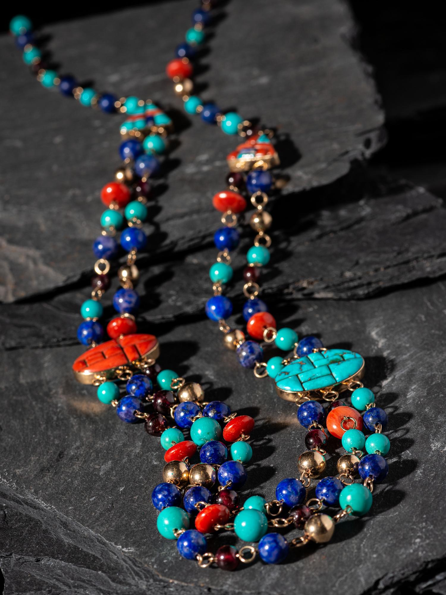 Reversible 14k Gold Multi-strand Necklace, with Channel Inlay Spacers