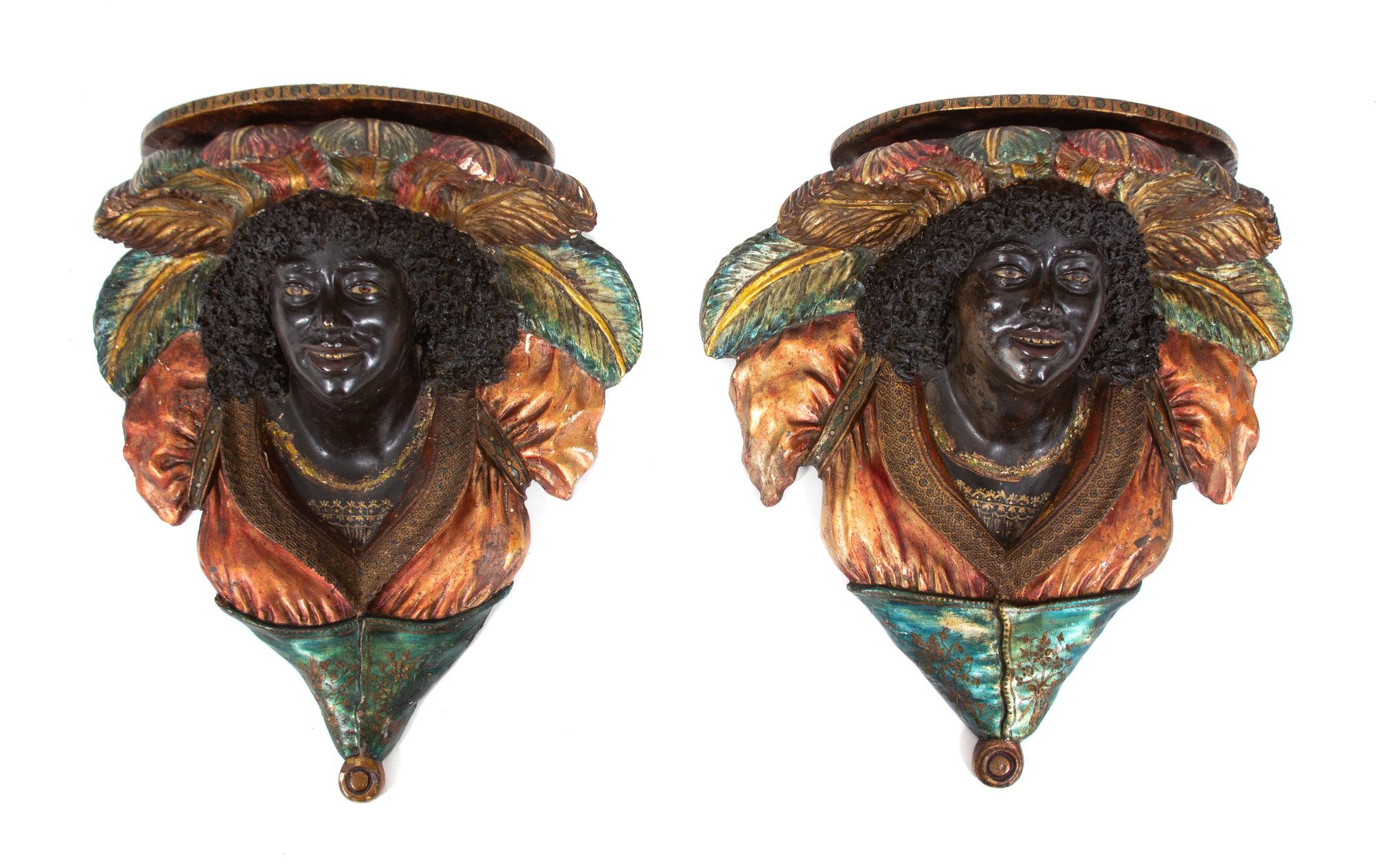 A Pair of Venetian Polychrome and Parcel Gilt Blackamoor Bust Wall Brackets Height 19 1/2 inches. — LATE 19TH/EARLY 20 CENTURY