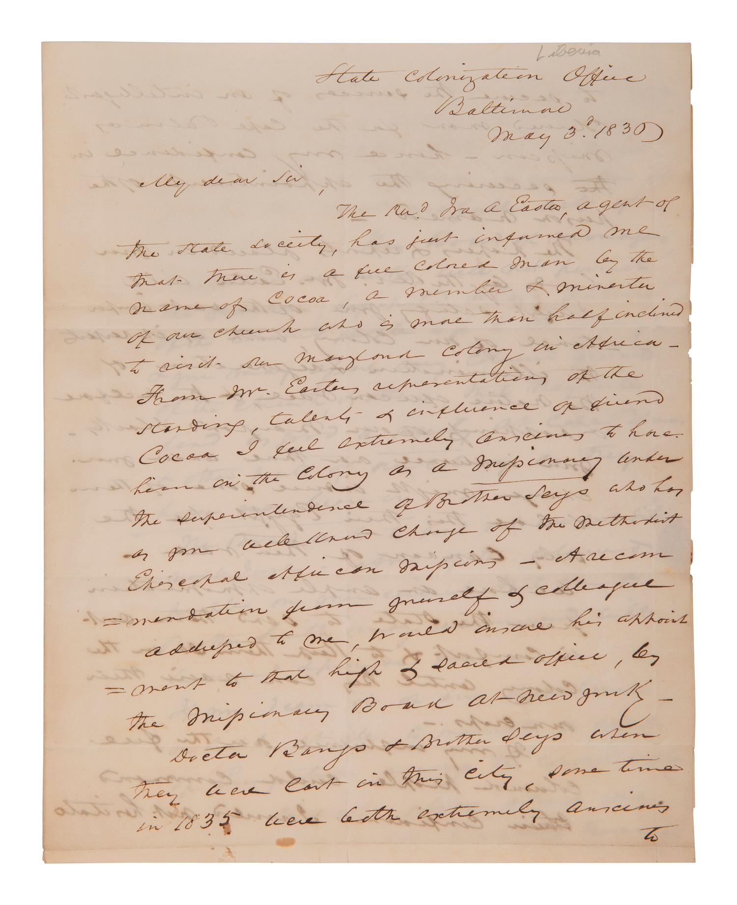 [LIBERIA]. Letter from an American Colonization Society agent regarding a freeman named Cocoa. 1836.