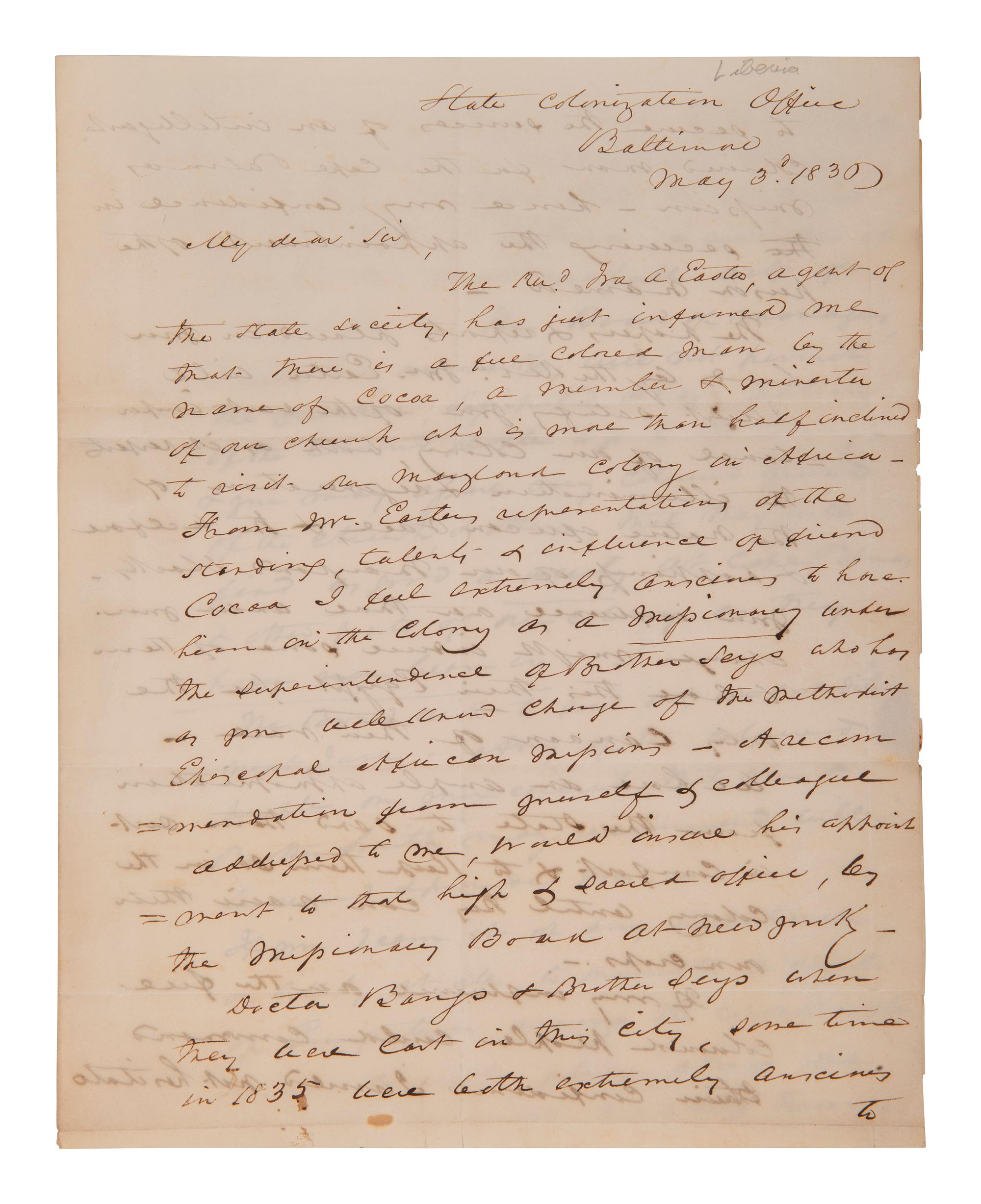 [LIBERIA]. Letter from an American Colonization Society agent regarding a freeman named Cocoa. 1836.