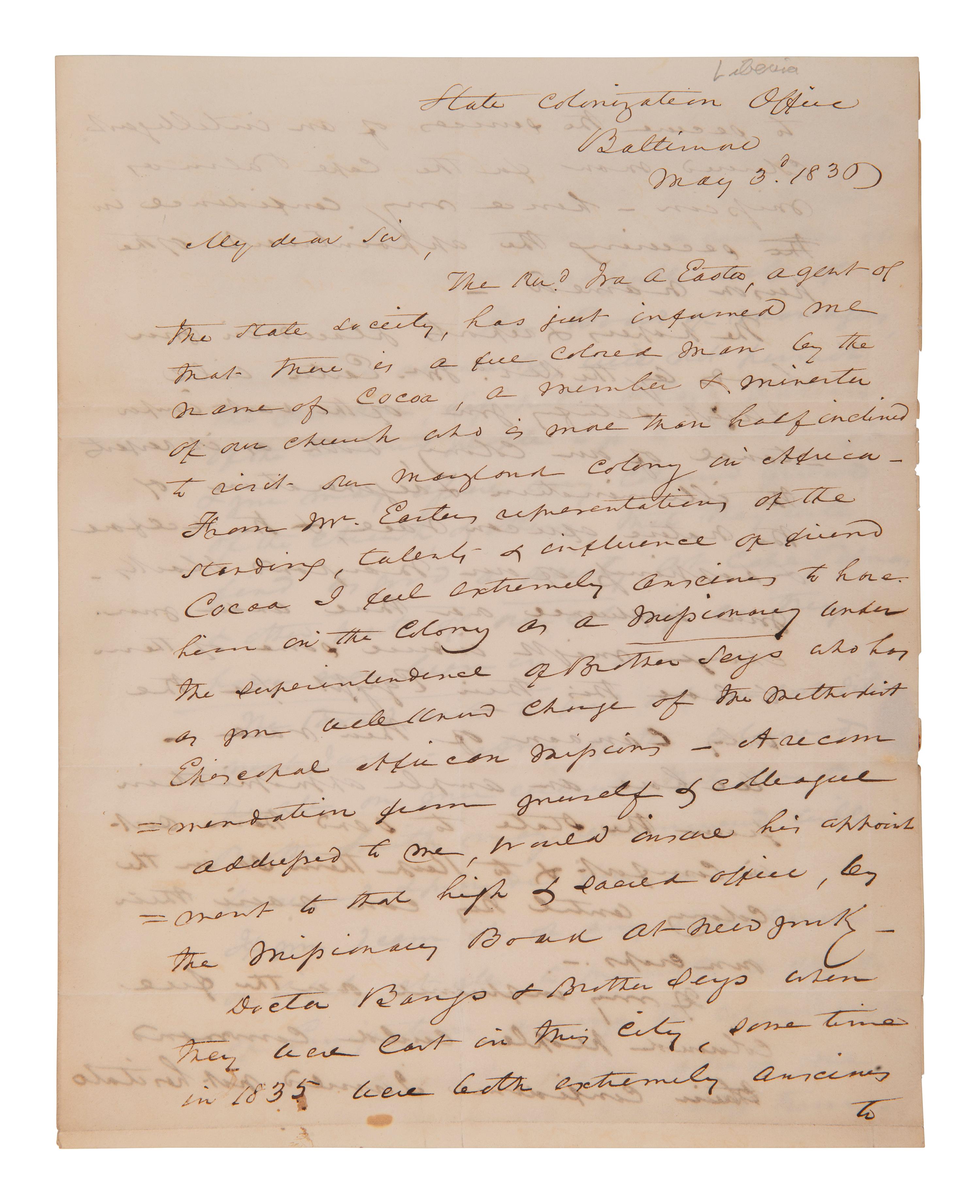 [LIBERIA]. Letter from an American Colonization Society agent regarding a freeman named Cocoa. 1836.