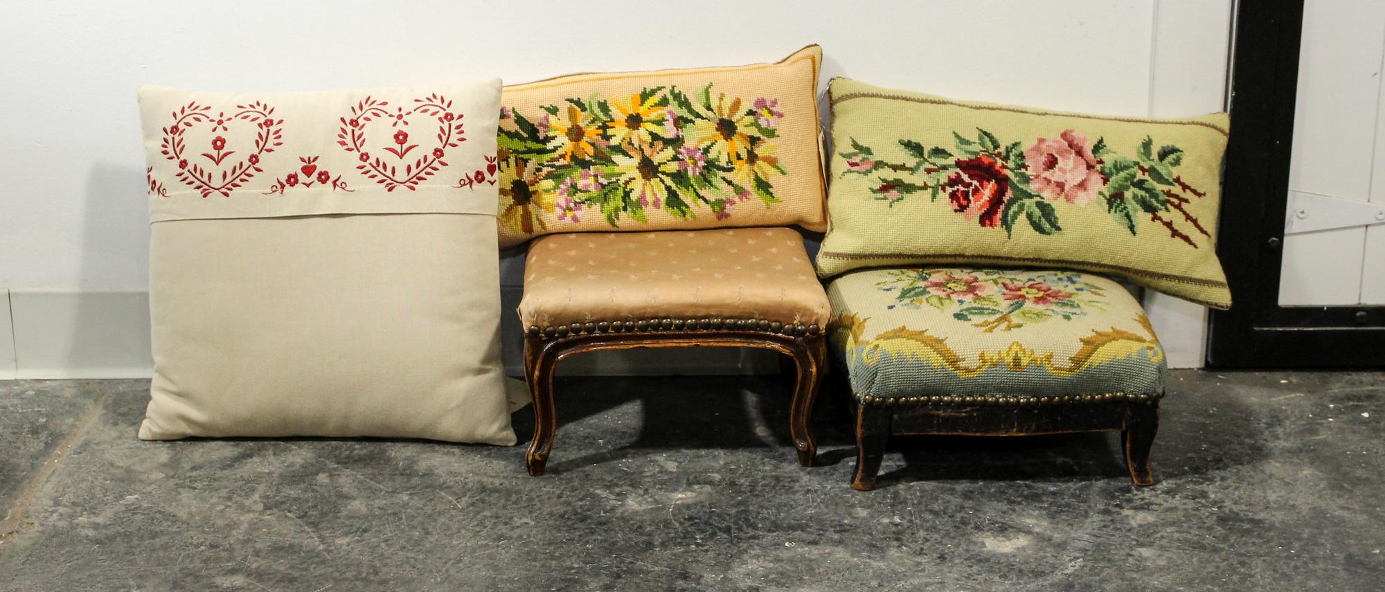 A Group of Two Foot Stools and Three Associated Pillows. Height of tallest 7 1/2 inches.