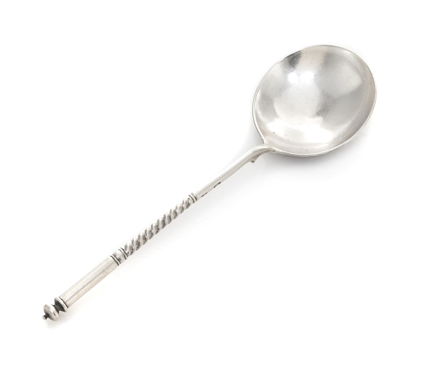 A Russian Niello Silver Spoon, Maker's Mark Cyrillic CMH, Moscow, having a knopped finial and a twist stem, the underside of the bowl h