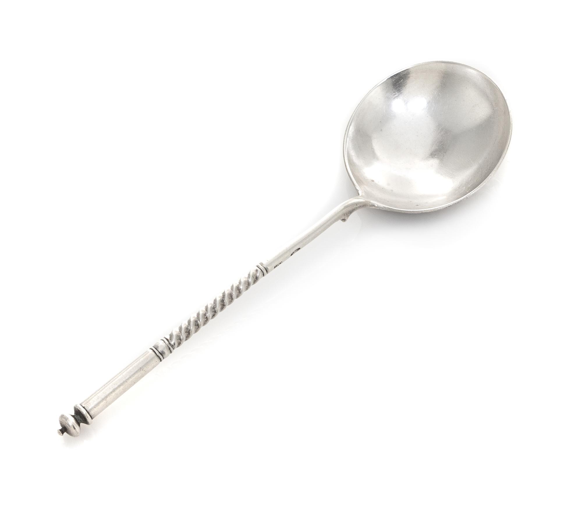 A Russian Niello Silver Spoon, Maker's Mark Cyrillic CMH, Moscow, having a knopped finial and a twist stem, the underside of the bowl h