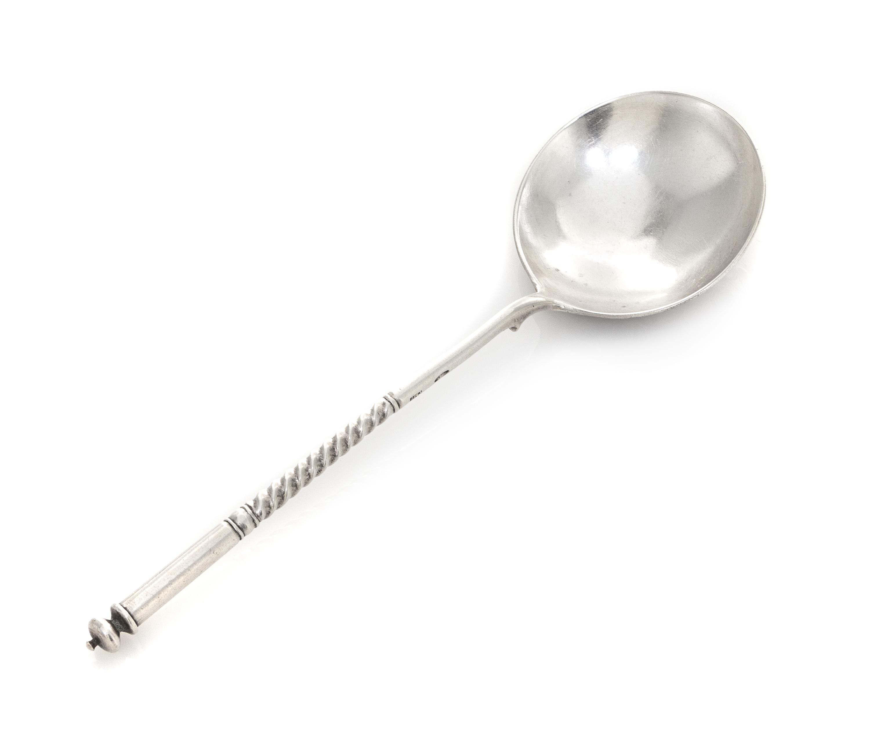 A Russian Niello Silver Spoon, Maker's Mark Cyrillic CMH, Moscow, having a knopped finial and a twist stem, the underside of the bowl h