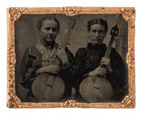 [EARLY PHOTOGRAPHY]. Ninth plate tintype of two female banjoists.