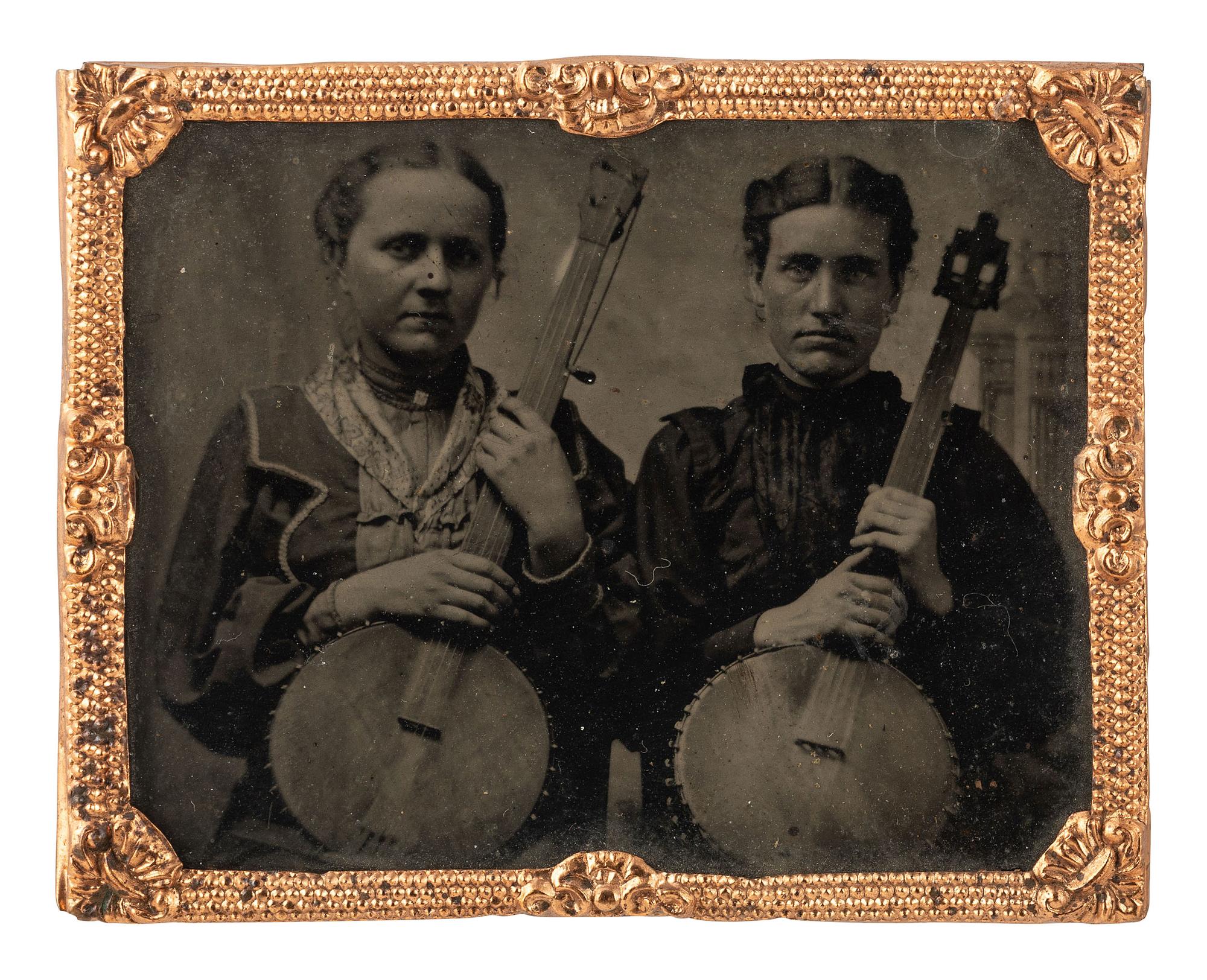 [EARLY PHOTOGRAPHY]. Ninth plate tintype of two female banjoists.