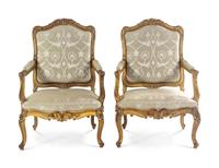 A Pair of Louis XV Giltwood Fauteuils a la Reine