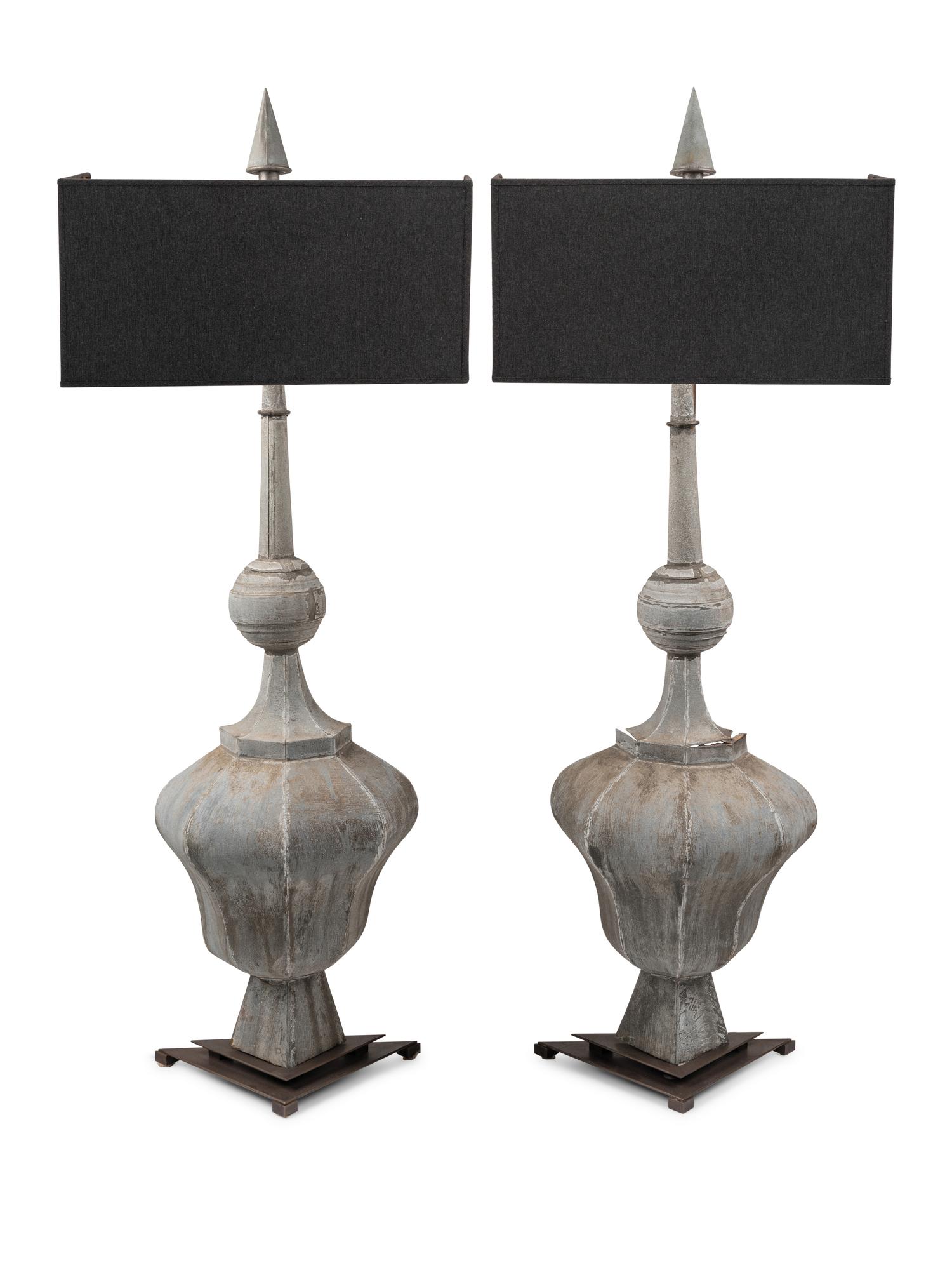 A Pair of Tôle Baluster Finials Mounted as Lamps