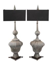 A Pair of Tôle Baluster Finials Mounted as Lamps
