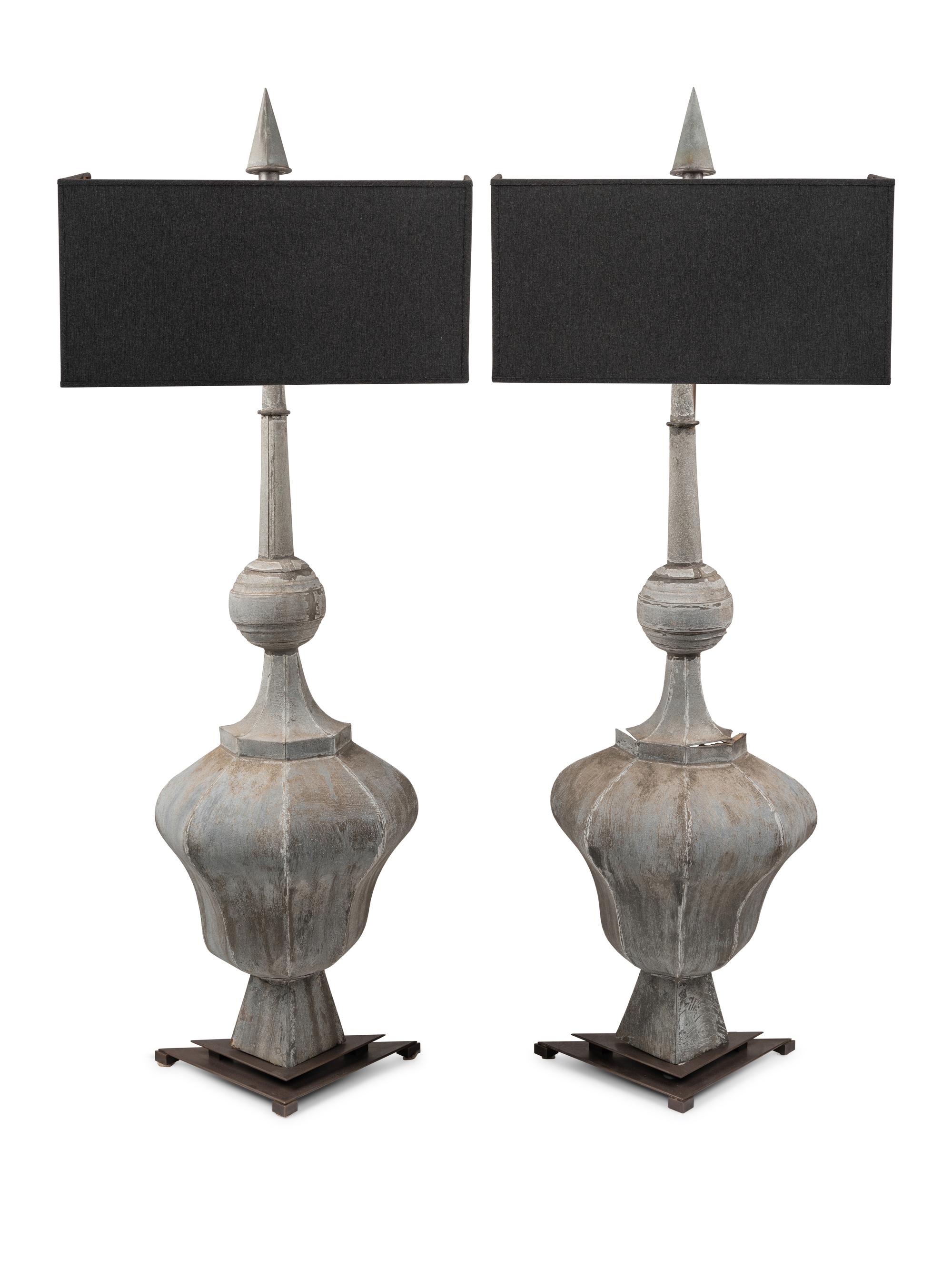 A Pair of Tôle Baluster Finials Mounted as Lamps