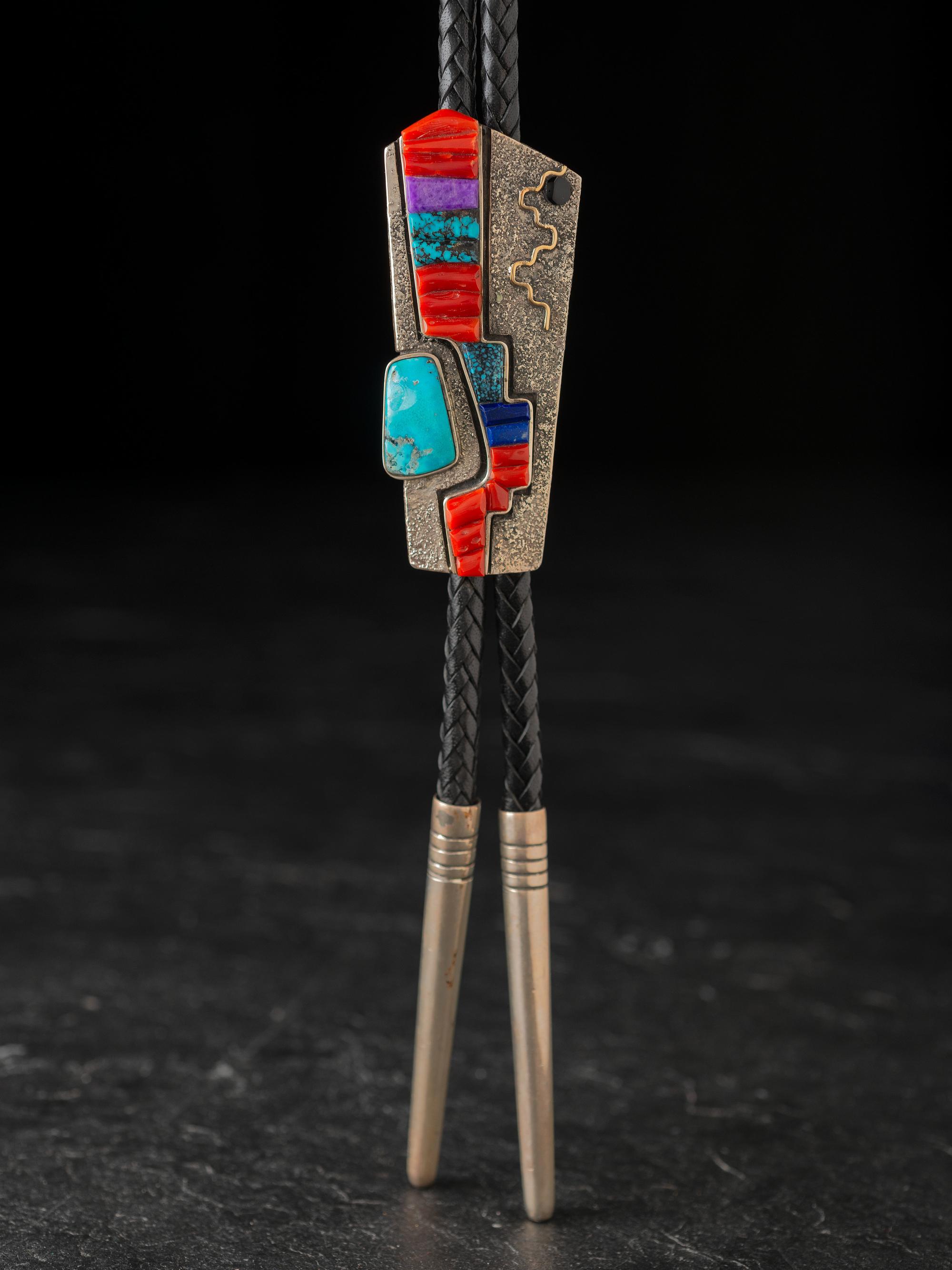 Sterling Silver Tufa Cast Bolo Tie, with 14K Gold Accents