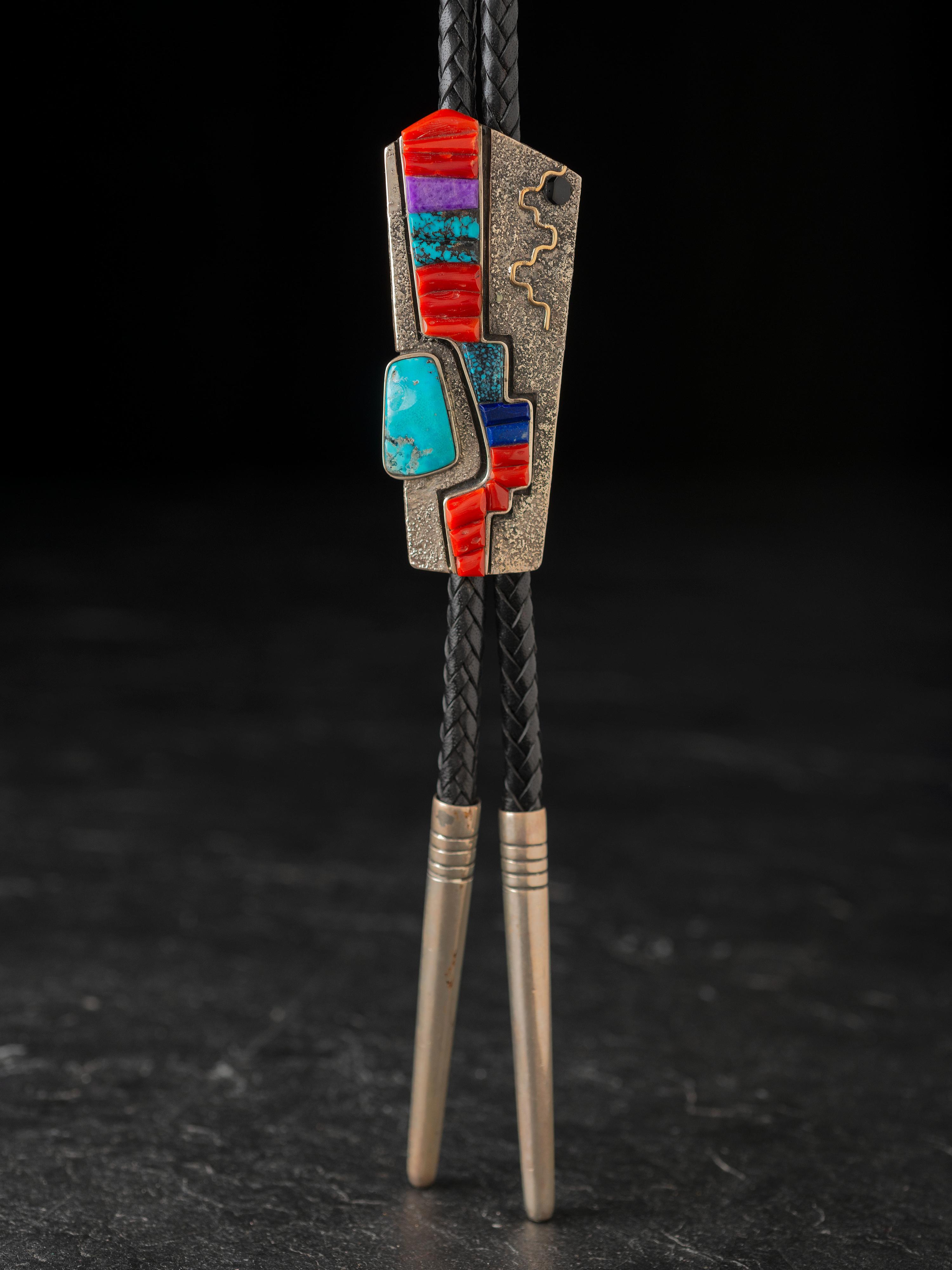 Sterling Silver Tufa Cast Bolo Tie, with 14K Gold Accents