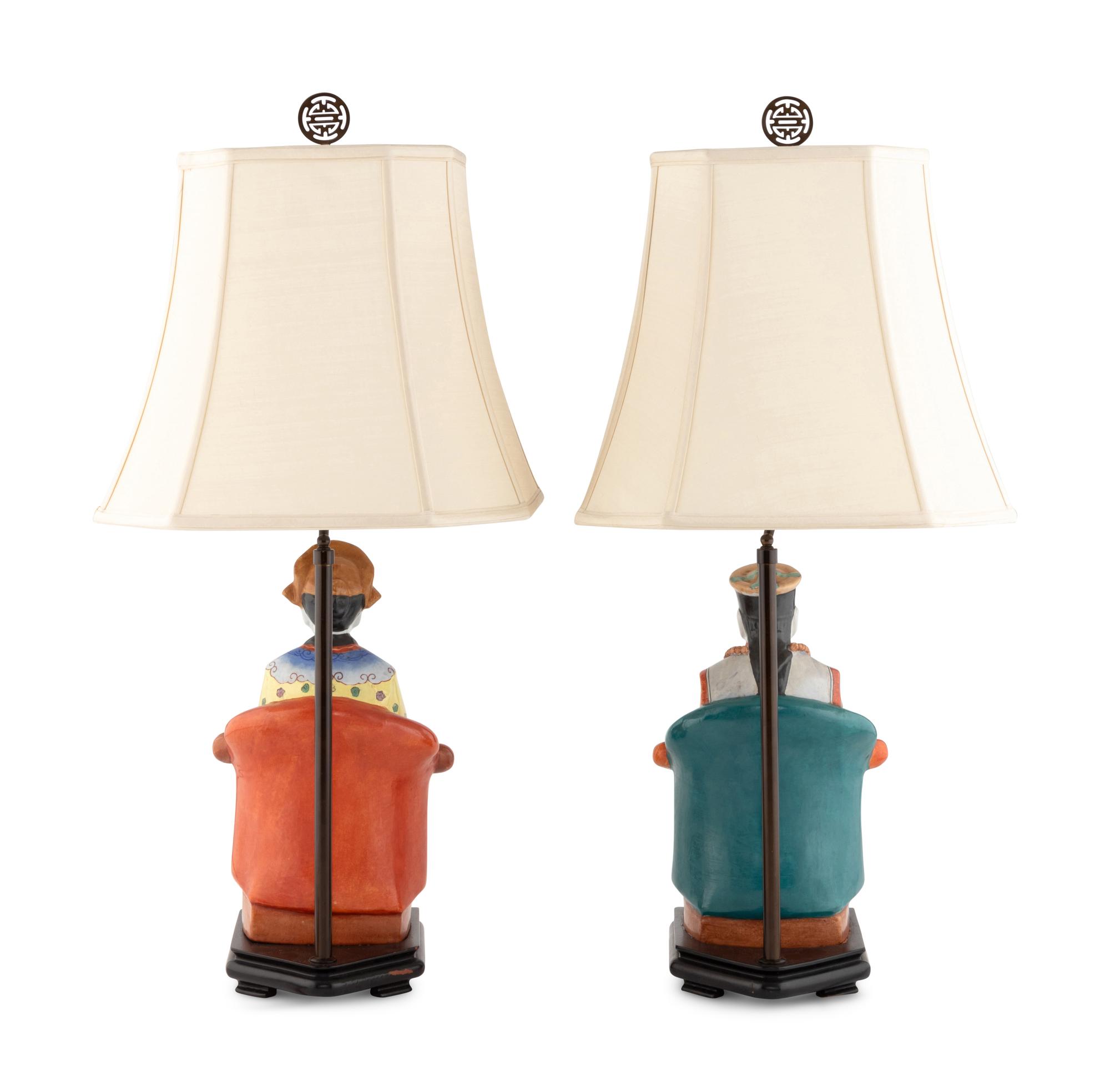 A Pair of Chinese Export Porcelain Figures Mounted as Lamps with Shades