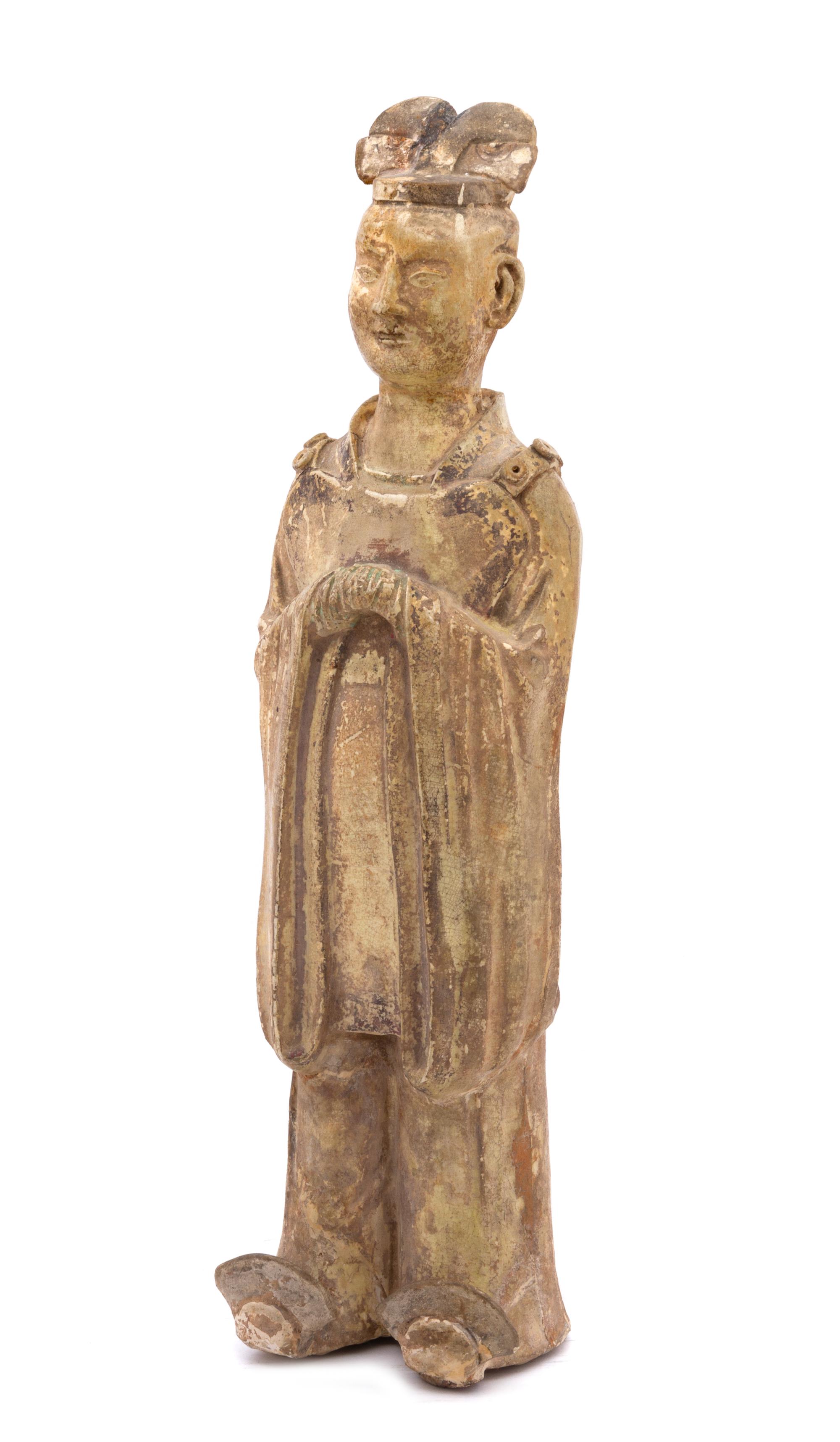 A Chinese Straw-Glazed Pottery Figure of a Standing Official EARLY TANG DYNASTY Height of figure 17 1/2 inches. — EARLY TANG DYNASTY