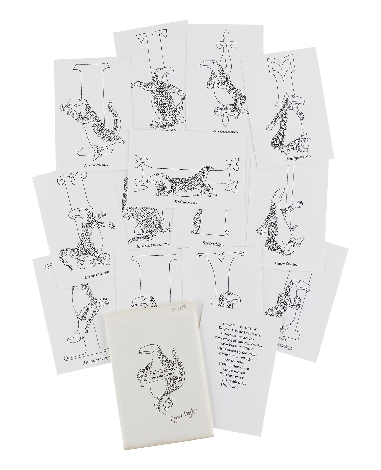 GOREY, Edward (1925-2000). Dogear Wryde Postcards. Alms for Oblivion Series . N.p., 1978. -- Dogear Wryde Postcards. Interpretive Series. N.p., 1979.