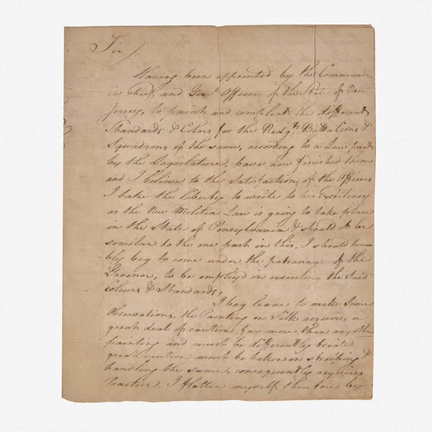 Letter to First Pennsylvania Governor Thomas Mifflin (1744-1800) regarding Militia Flag designs Francis Rabineau (active 1791-1804), Brunswick (New Jersey), February 9th, 1796