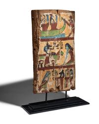 An Egyptian Painted Wood Sarcophagus Fragment with a Boat Scene