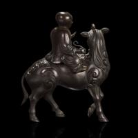 A Chinese Patinated and Parcel-gilt Bronze 'Qilin and Boy' Censer, 17th/18th Century 清早期 銅局部鎏金麒麟童子香薰