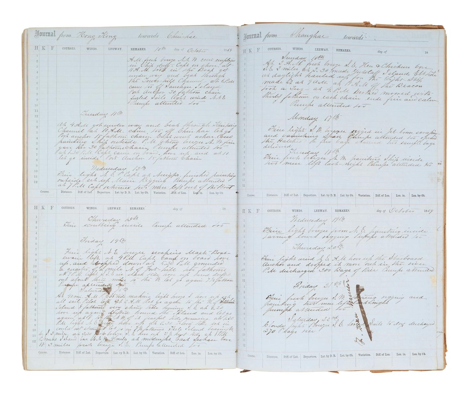 [MARITIME]. Log of the Barques Wavelet , Looling , and J.H. Wills documenting journeys in East Asia, ca 1862-1865. [ With: ] Notebook containing sea shanties and sketches of ships, ca 1862-63.
