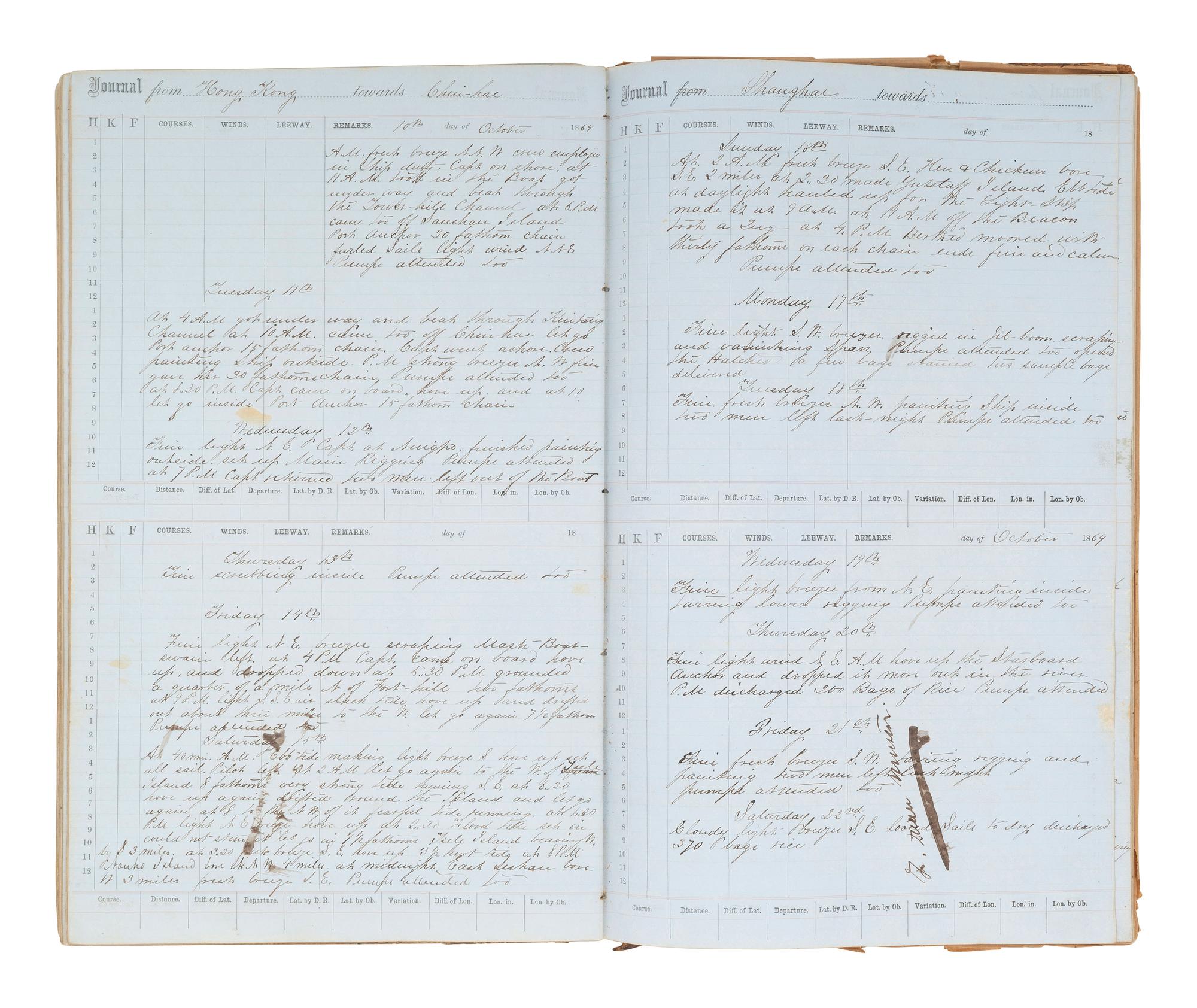 [MARITIME]. Log of the Barques Wavelet , Looling , and J.H. Wills documenting journeys in East Asia, ca 1862-1865. [ With: ] Notebook containing sea shanties and sketches of ships, ca 1862-63.
