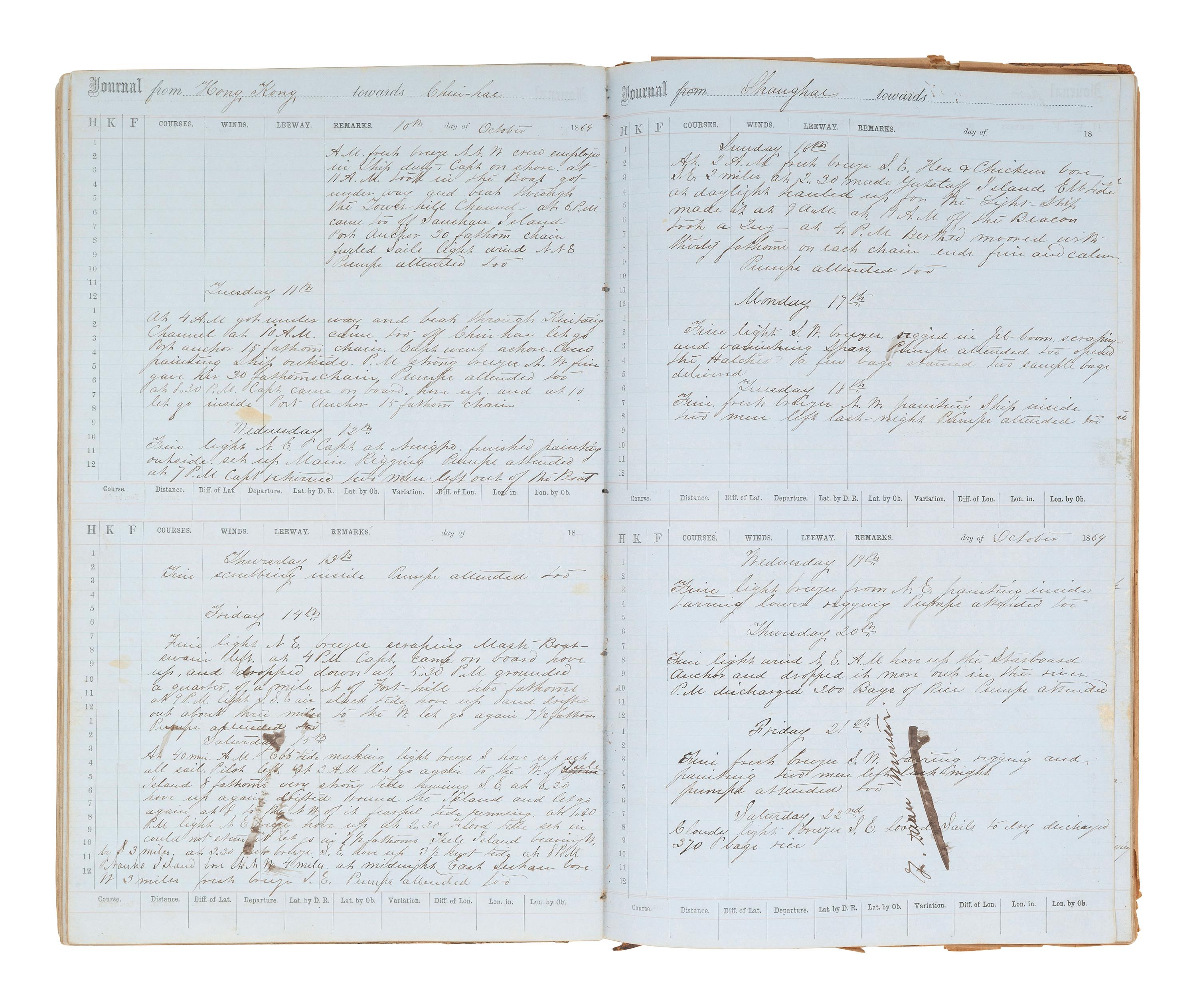 [MARITIME]. Log of the Barques Wavelet , Looling , and J.H. Wills documenting journeys in East Asia, ca 1862-1865. [ With: ] Notebook containing sea shanties and sketches of ships, ca 1862-63.