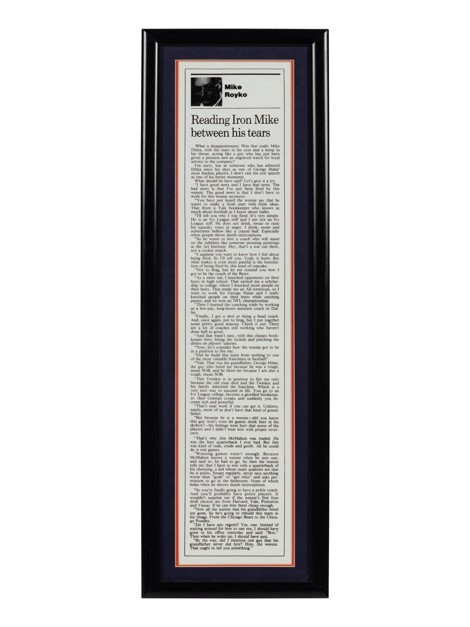 A Group of Six Newspaper and Magazine Clippings Formerly Displayed at Mike Ditka’s Restaurant