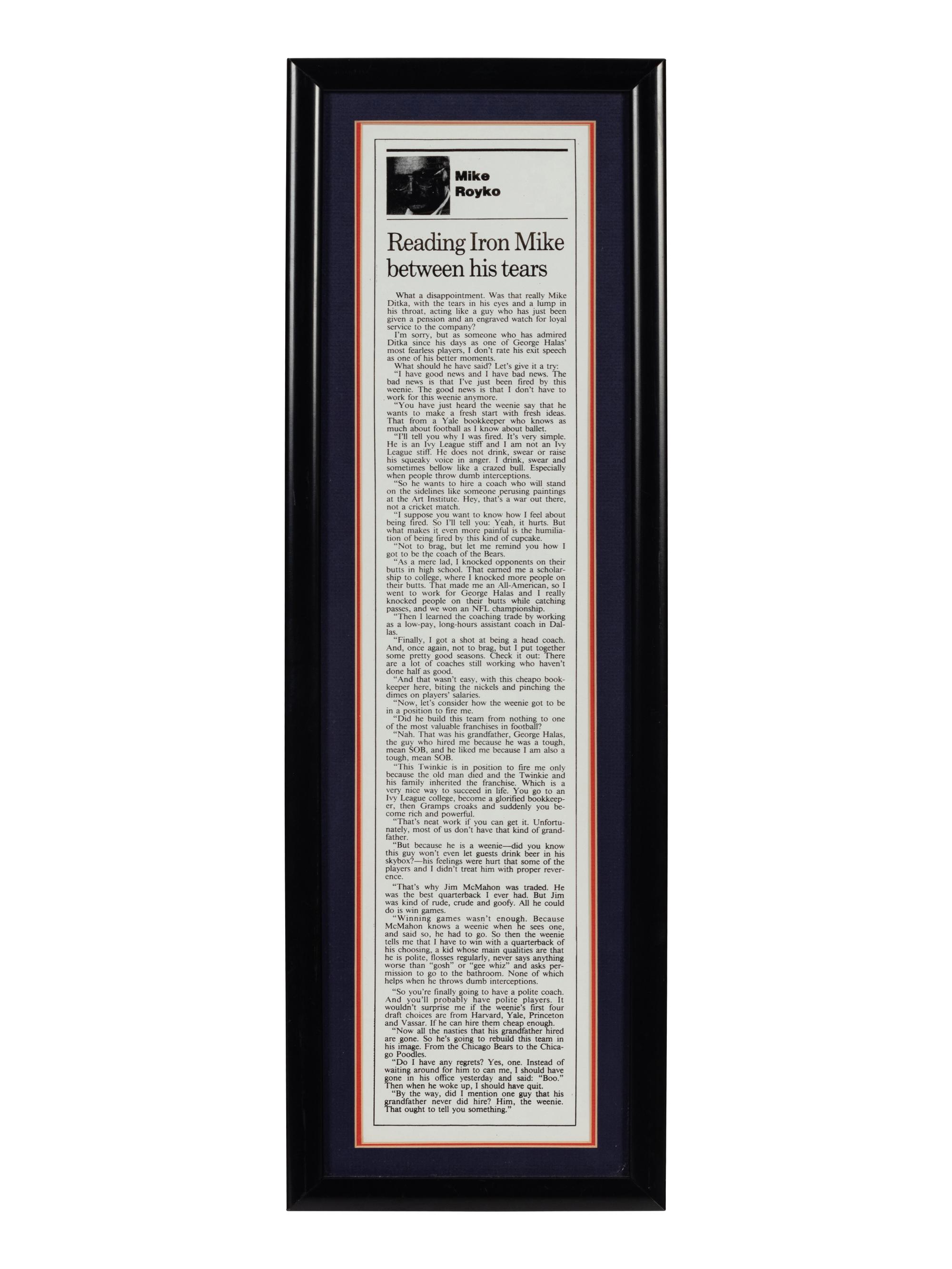 A Group of Six Newspaper and Magazine Clippings Formerly Displayed at Mike Ditka’s Restaurant
