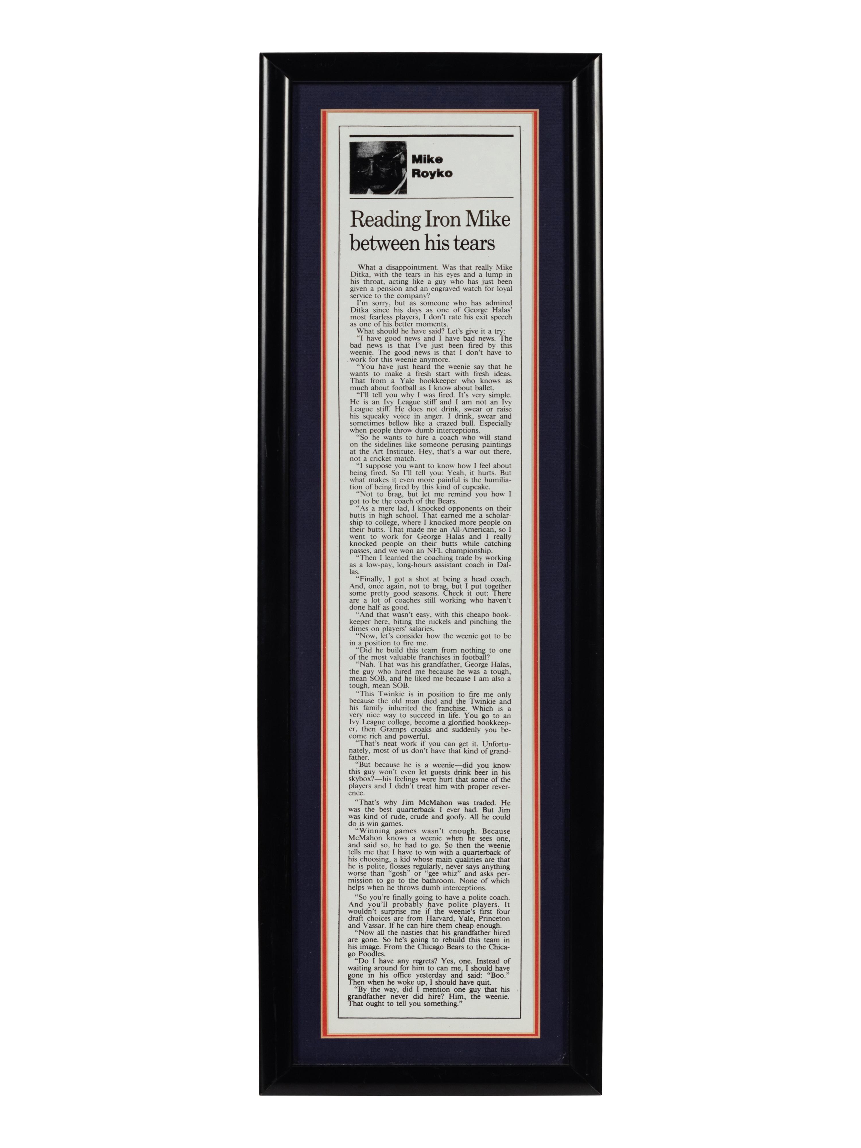 A Group of Six Newspaper and Magazine Clippings Formerly Displayed at Mike Ditka’s Restaurant
