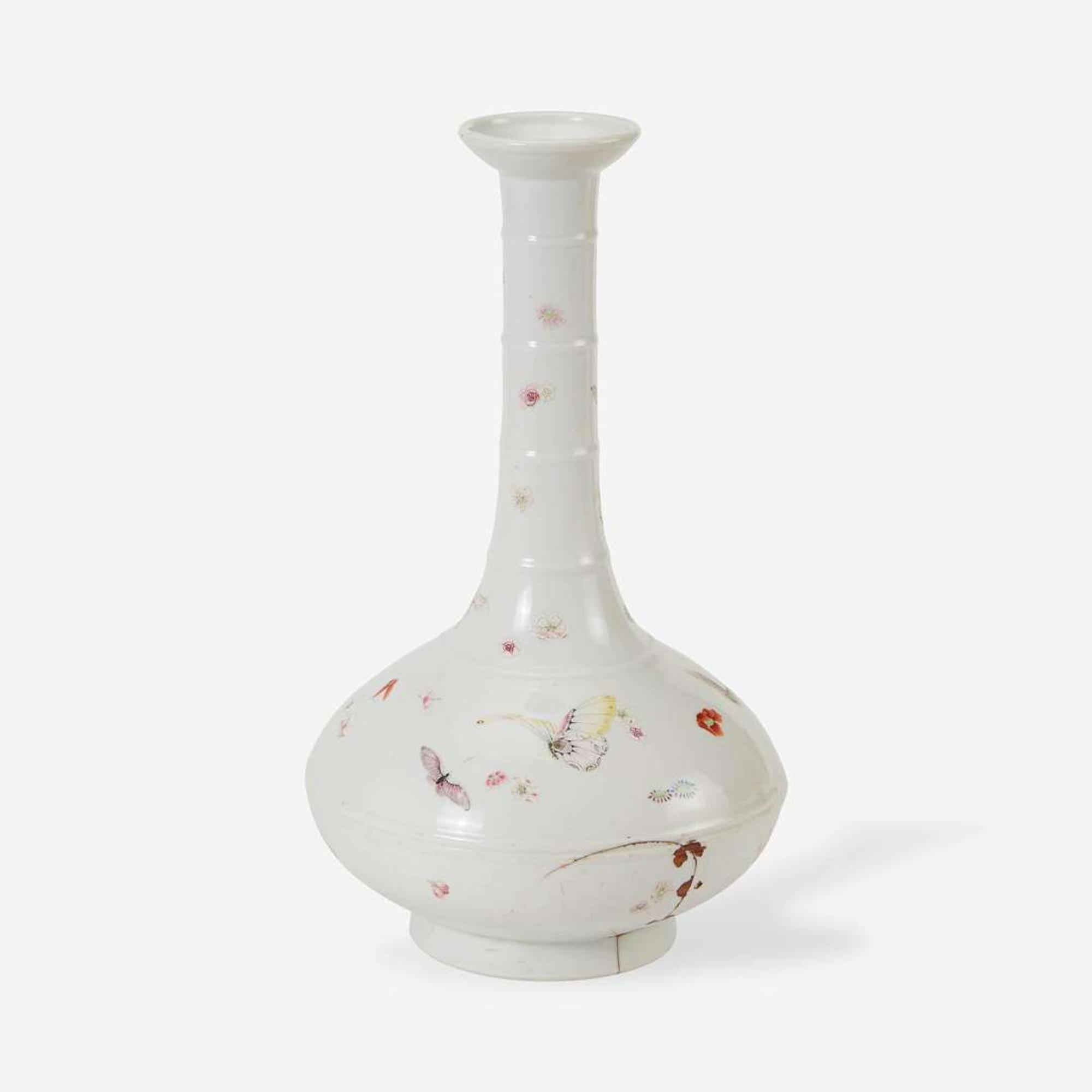 An unusual Chinese famille rose-decorated "Butterflies and Blossoms" bottle vase 珍罕粉彩長頸瓶 Yongzheng four-character mark Qing dynasty 雍正四字青花楷書款 清