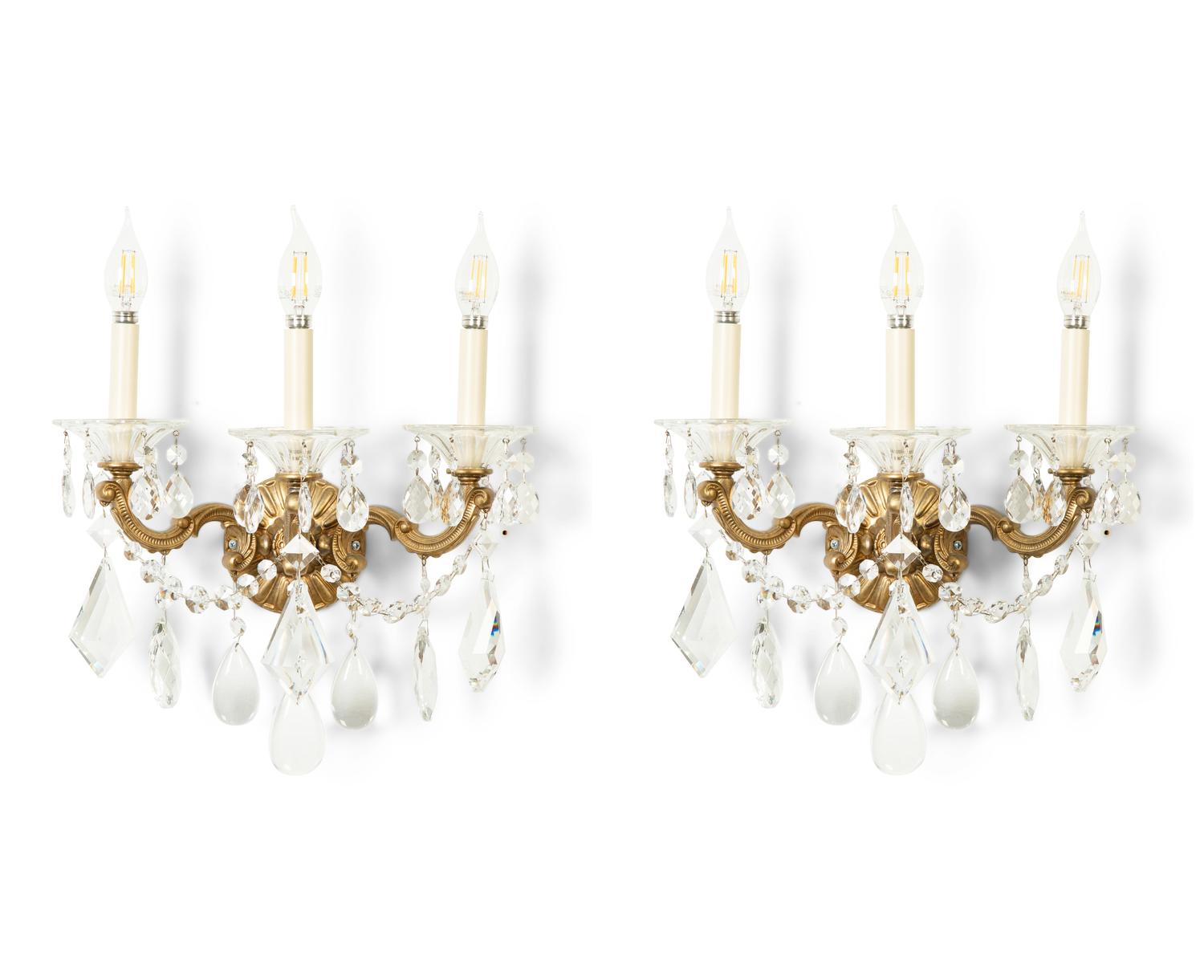 A Pair of French Gilt Bronze Three-Light Sconces