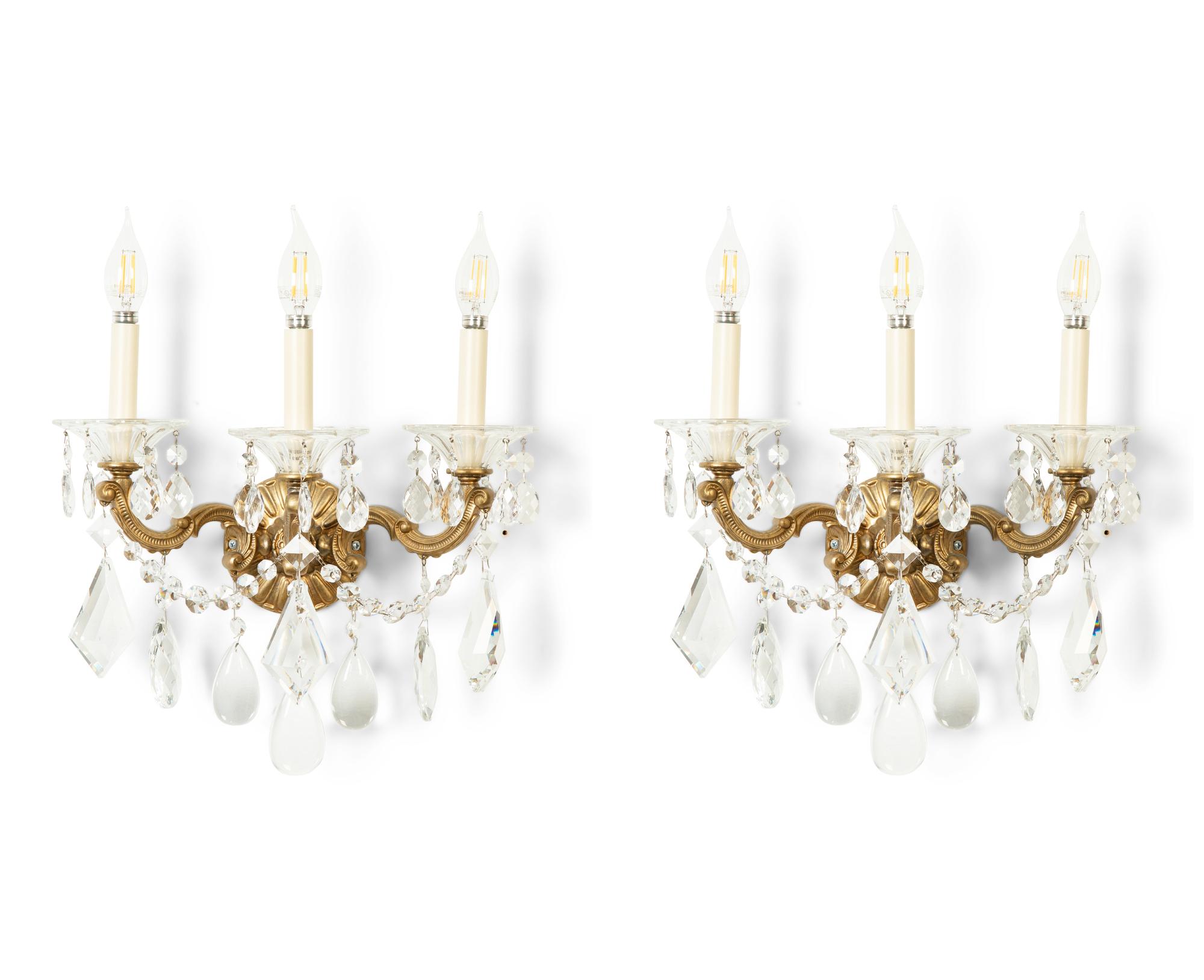 A Pair of French Gilt Bronze Three-Light Sconces