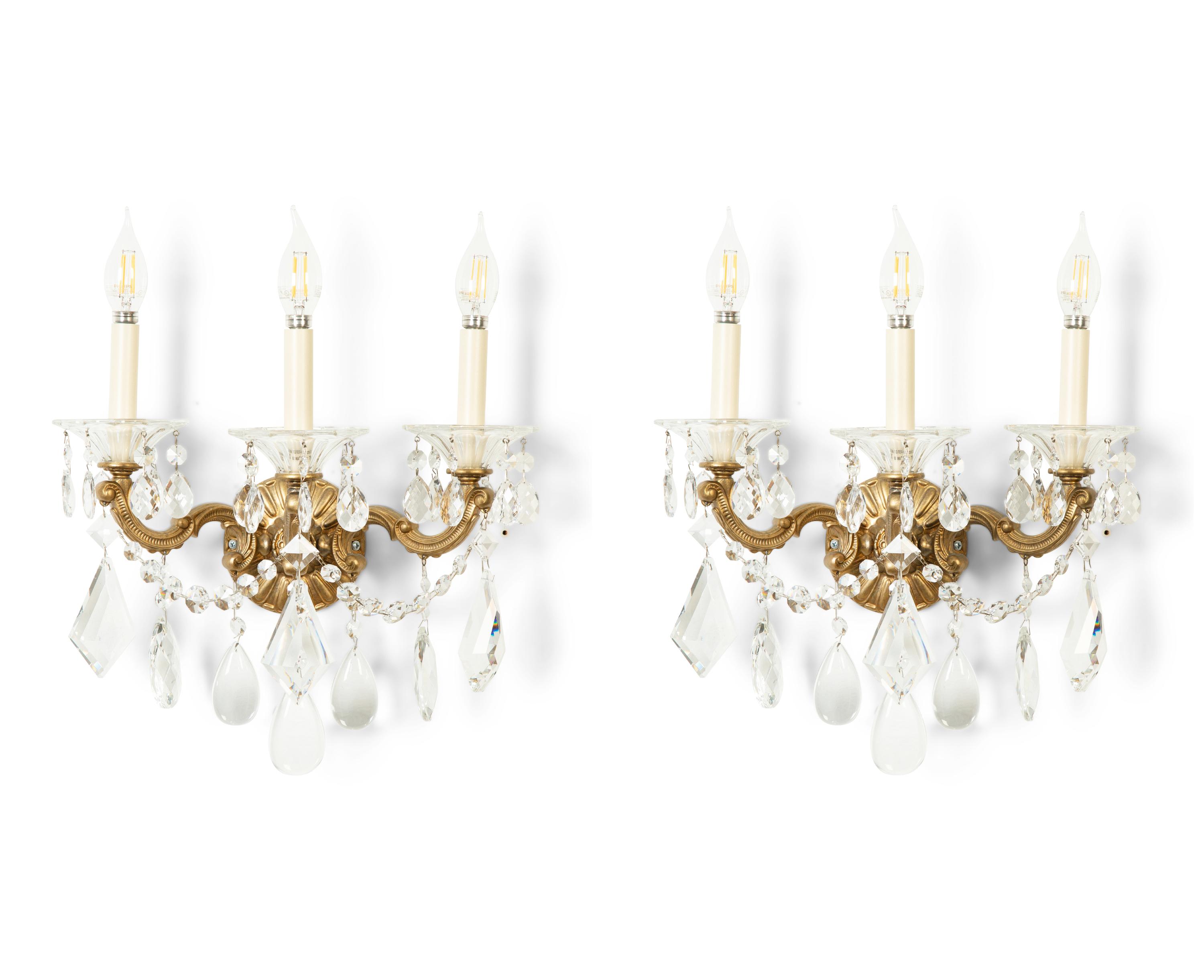 A Pair of French Gilt Bronze Three-Light Sconces