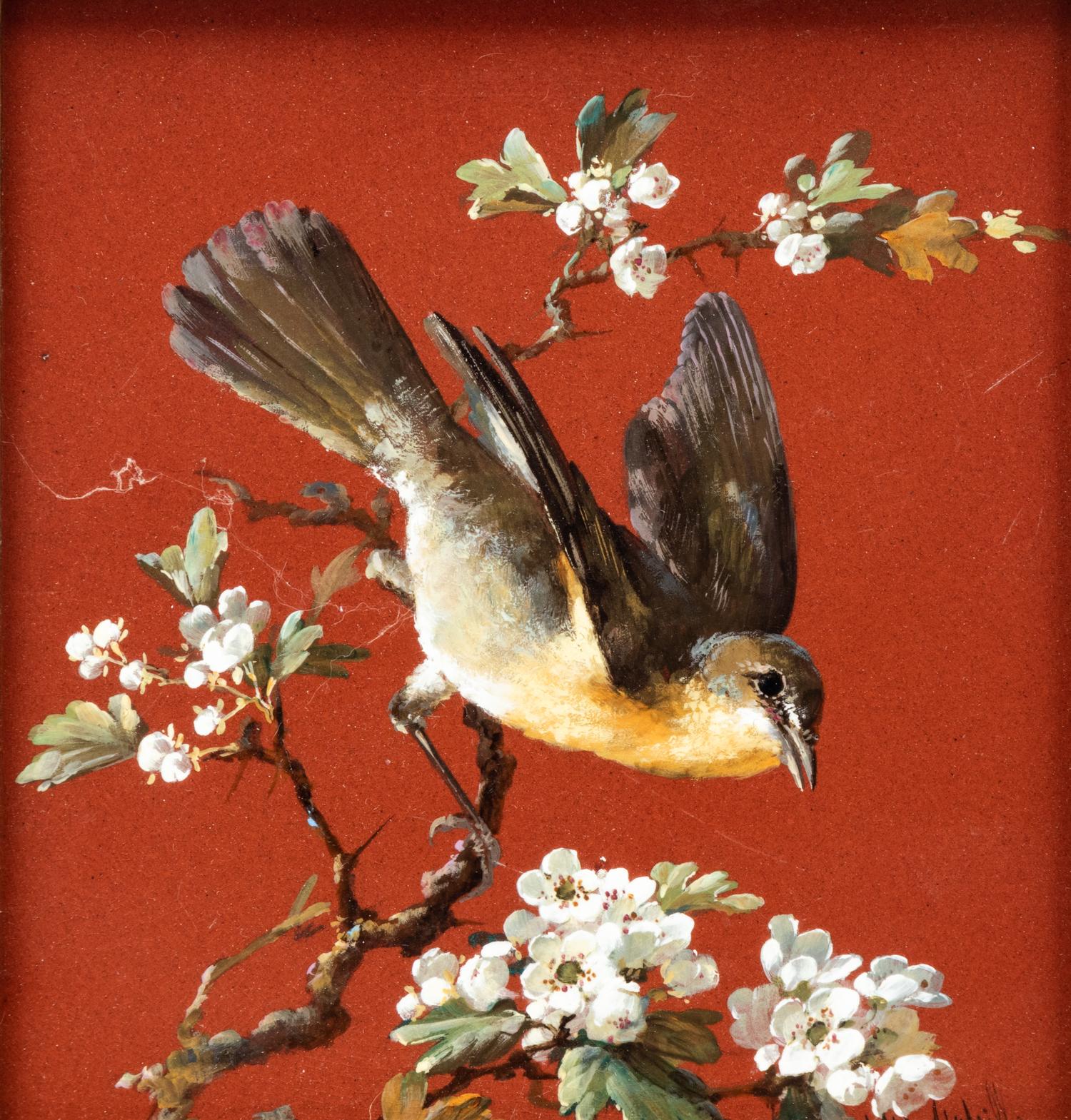 A Continental Porcelain Plaque with a Bird