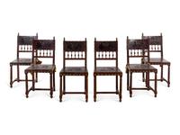 A Set of Six William and Mary Style Oak and Leather-Upholstered Dining Chairs