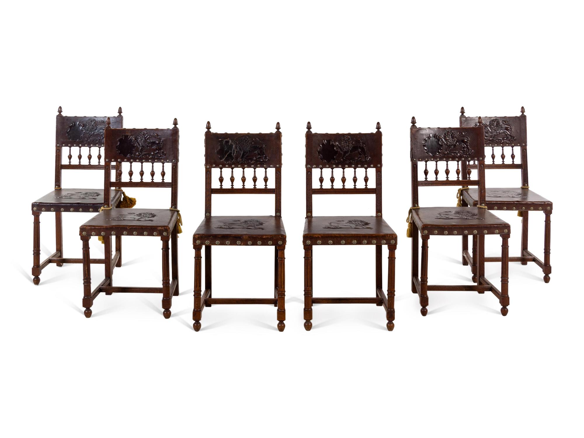 A Set of Six William and Mary Style Oak and Leather-Upholstered Dining Chairs