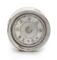 A Japanese Sakurai Silver Snuff Box, Mid-20th Century, the lid and base with inset 20 sen coins.