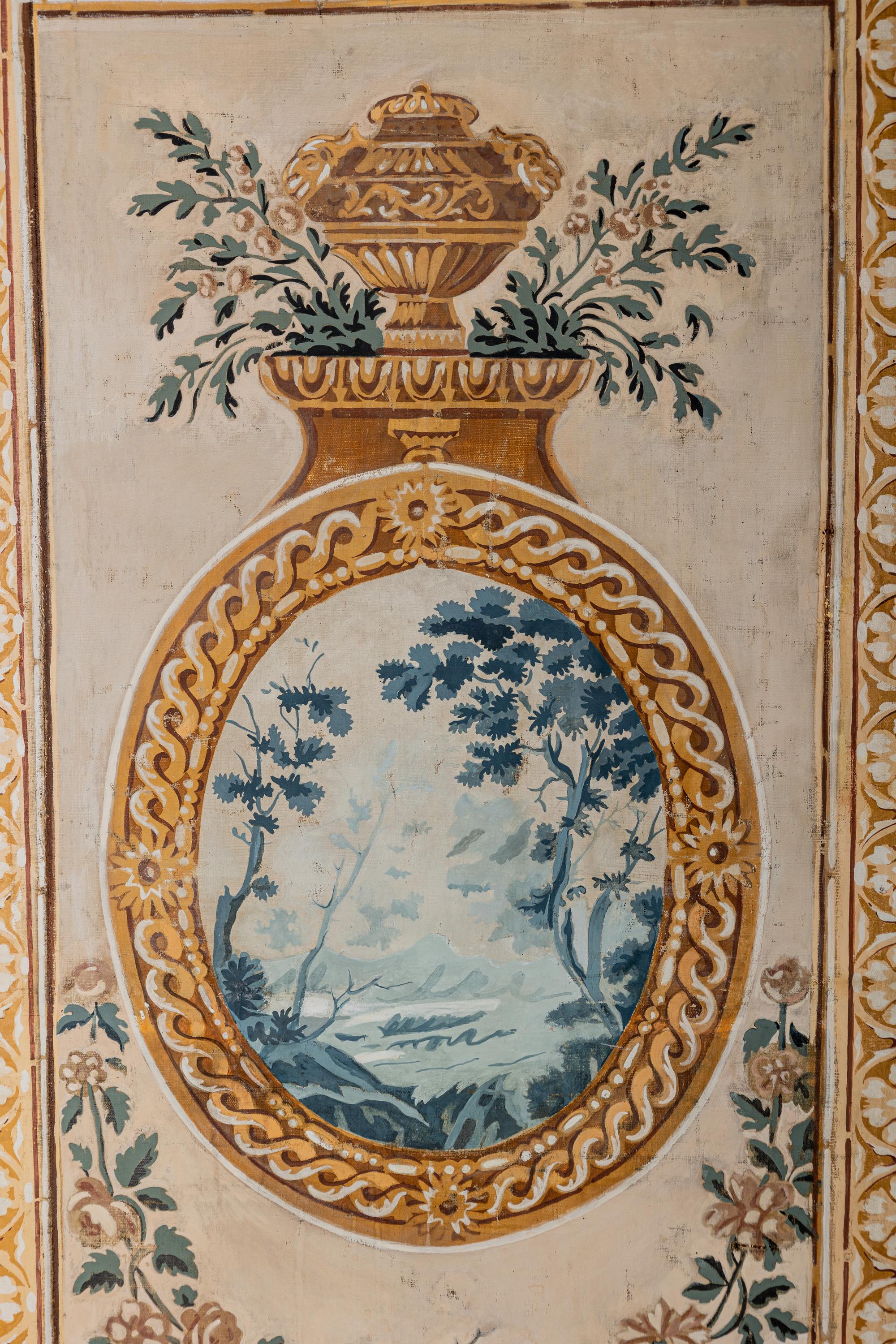 A Louis XVI Style Polychrome Painted Canvas Six-Panel Floor Screen