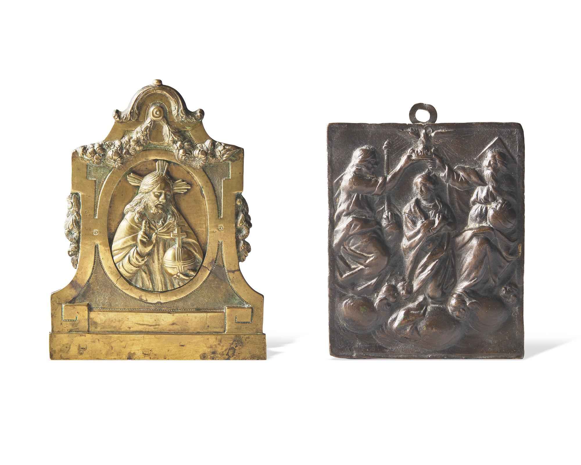 A French bronze pax depicting the Salvator Mundi and a bronze base relief plaque depicting the Coronation of the Virgin, 17th century