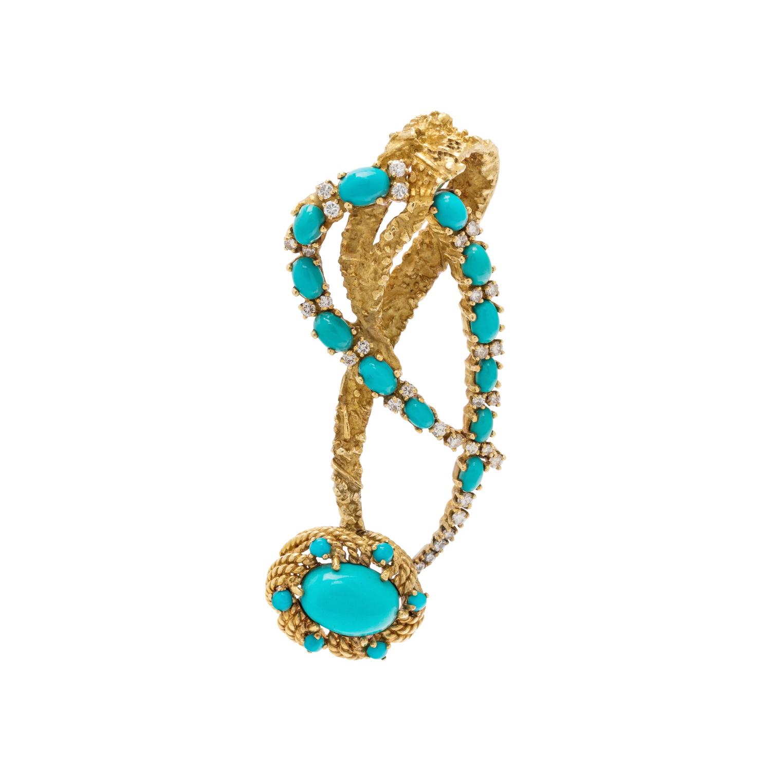 YELLOW GOLD, TURQUOISE AND DIAMOND BROOCH